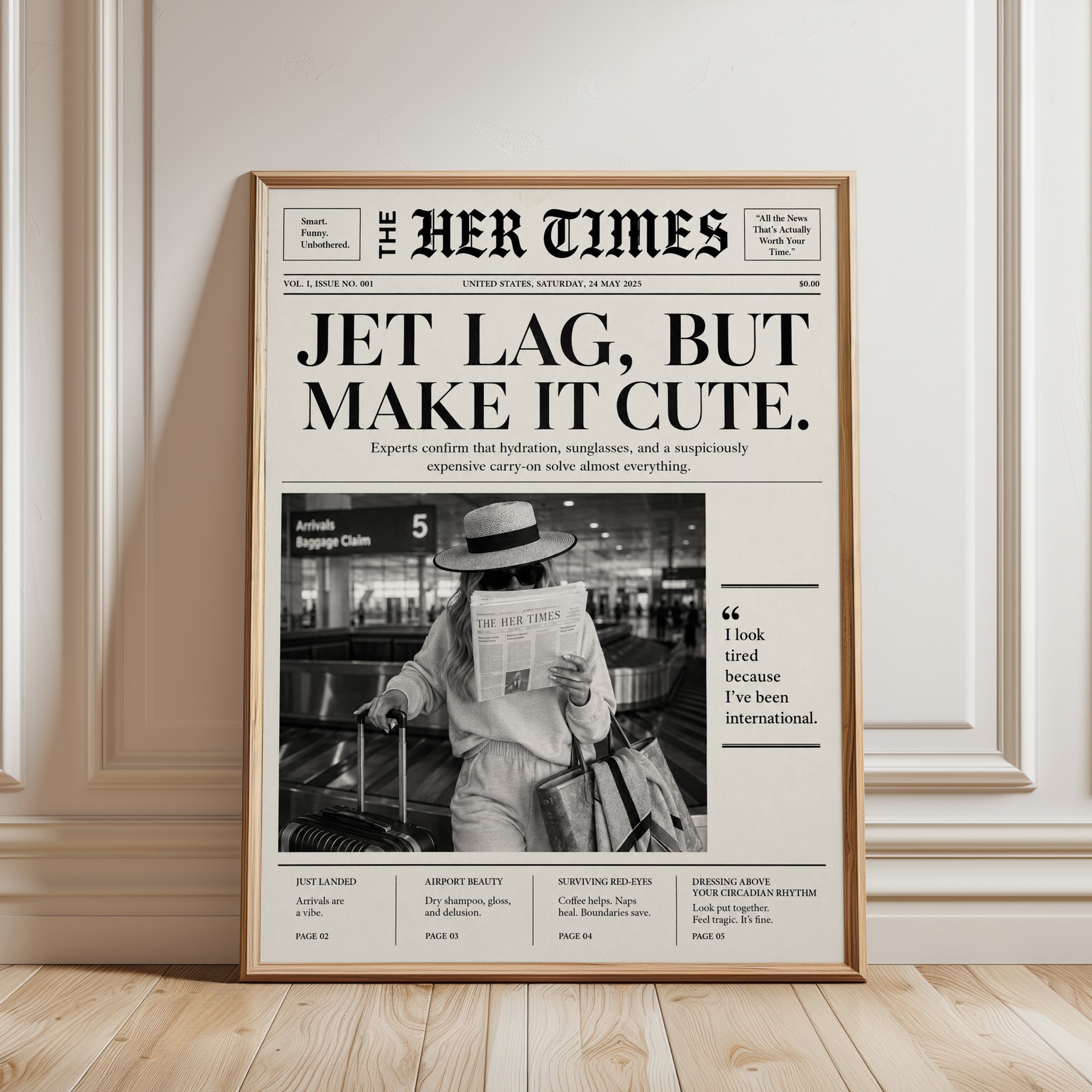 Jet Lag Travel Newspaper Print: Vintage Black and White Art - framed detail