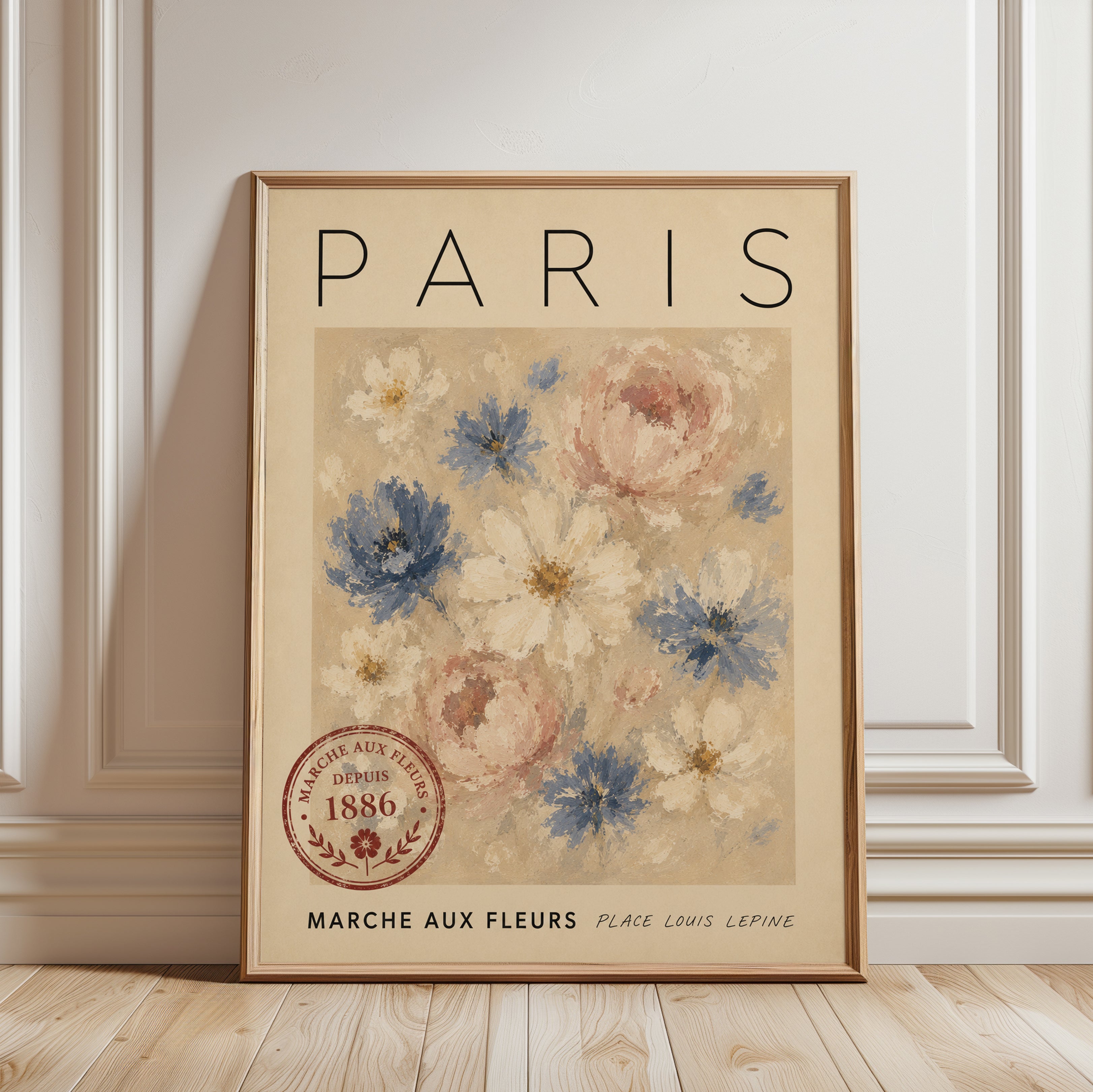 Paris Travel Poster – Vintage Floral Market Print - framed detail
