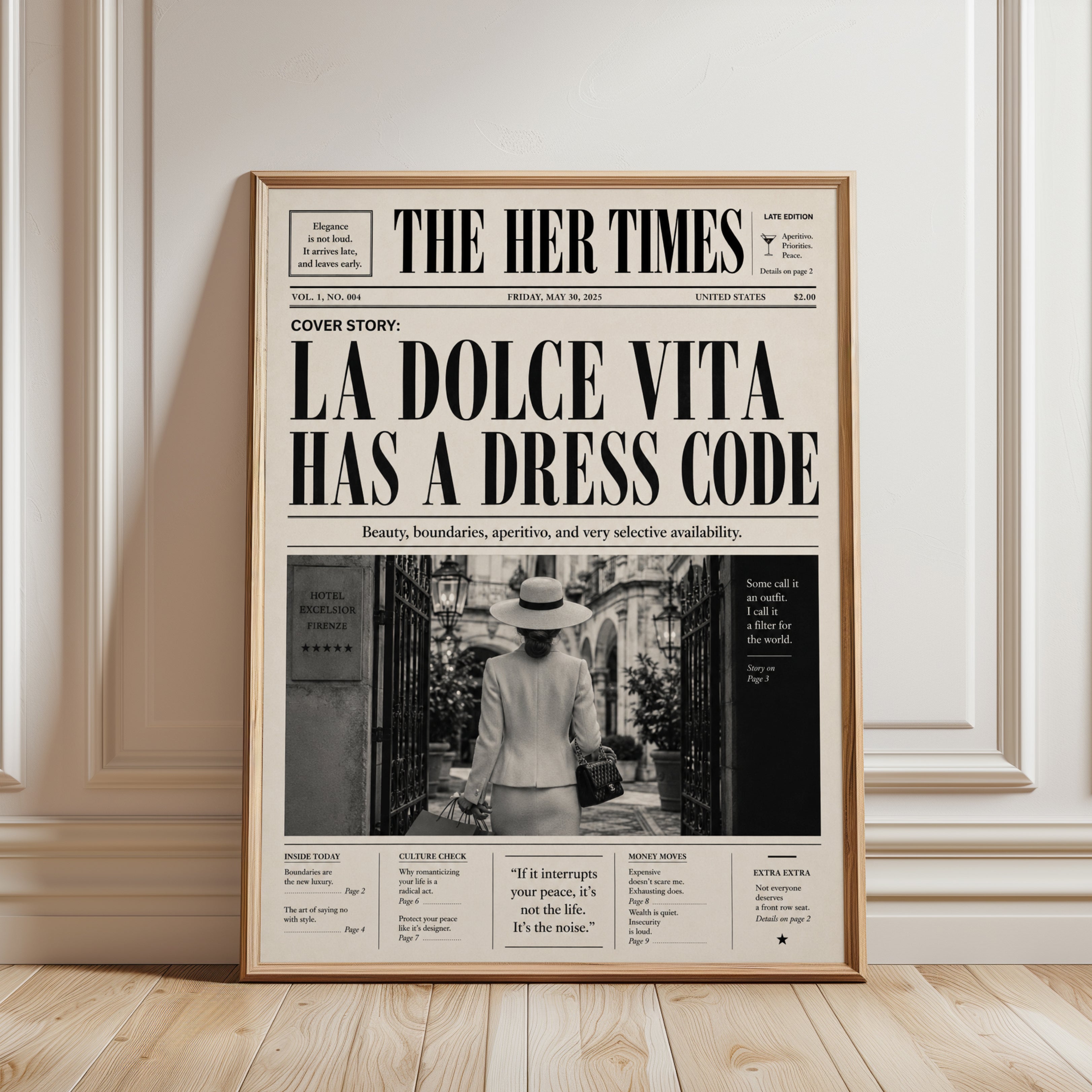 La Dolce Vita Newspaper Print: Vintage Florence Fashion Art - framed detail