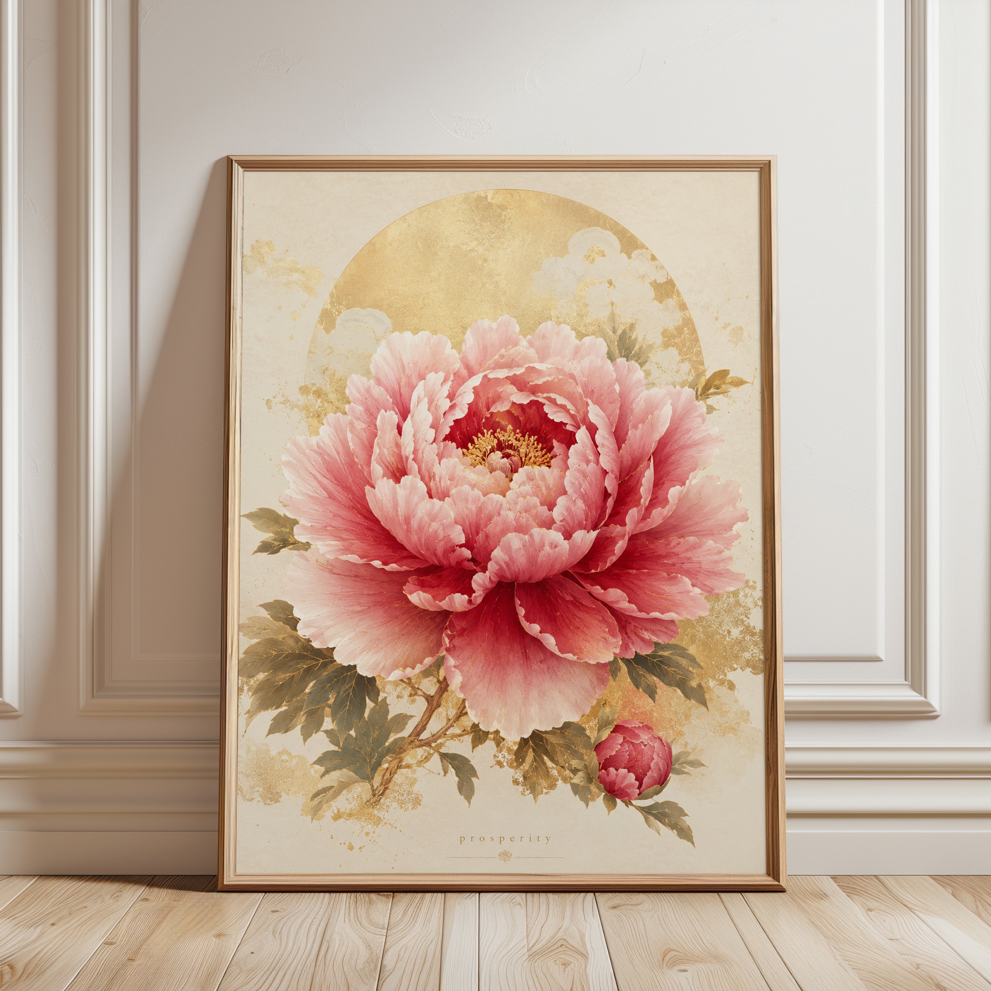 Peony Wall Art – Gold Leaf Floral Print - framed detail
