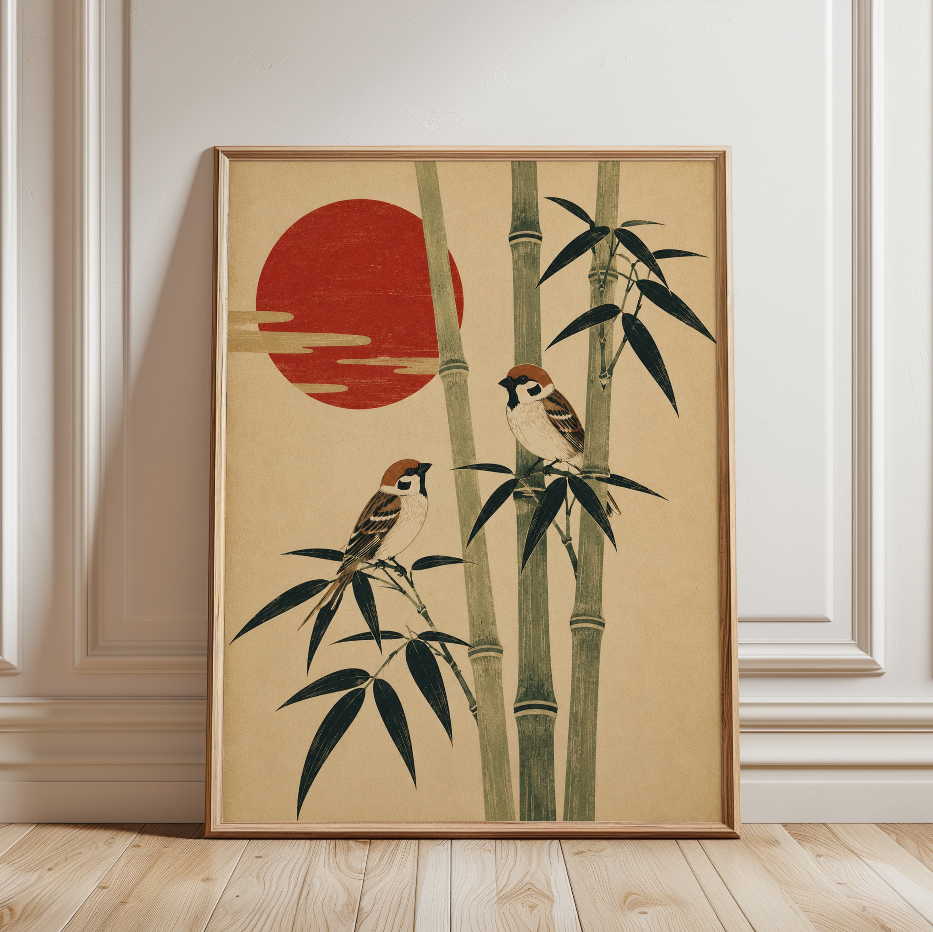 Japanese Sparrows Art Print - framed detail