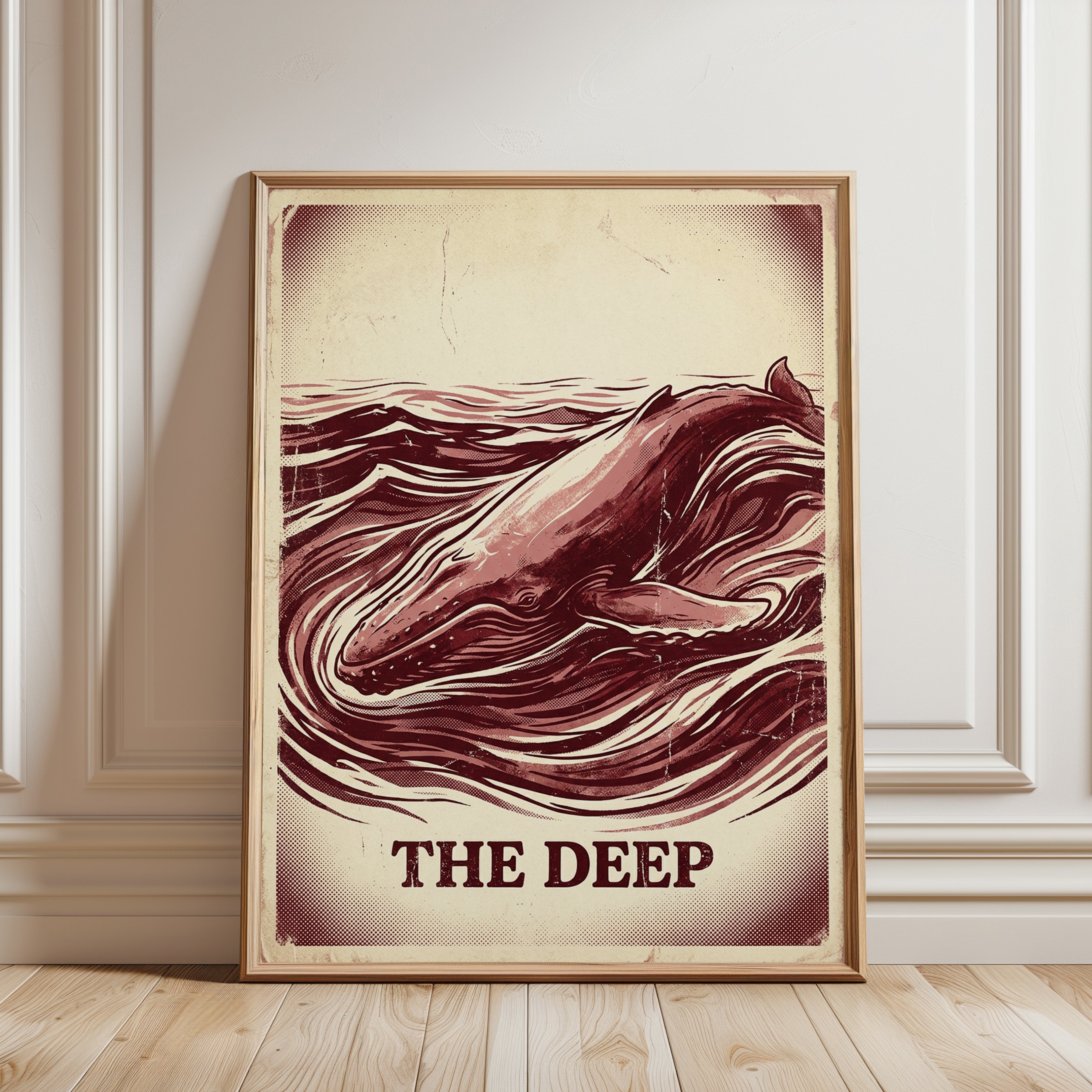 Whale Art Print: Vintage Red Ocean Poster with Wave Design - framed detail