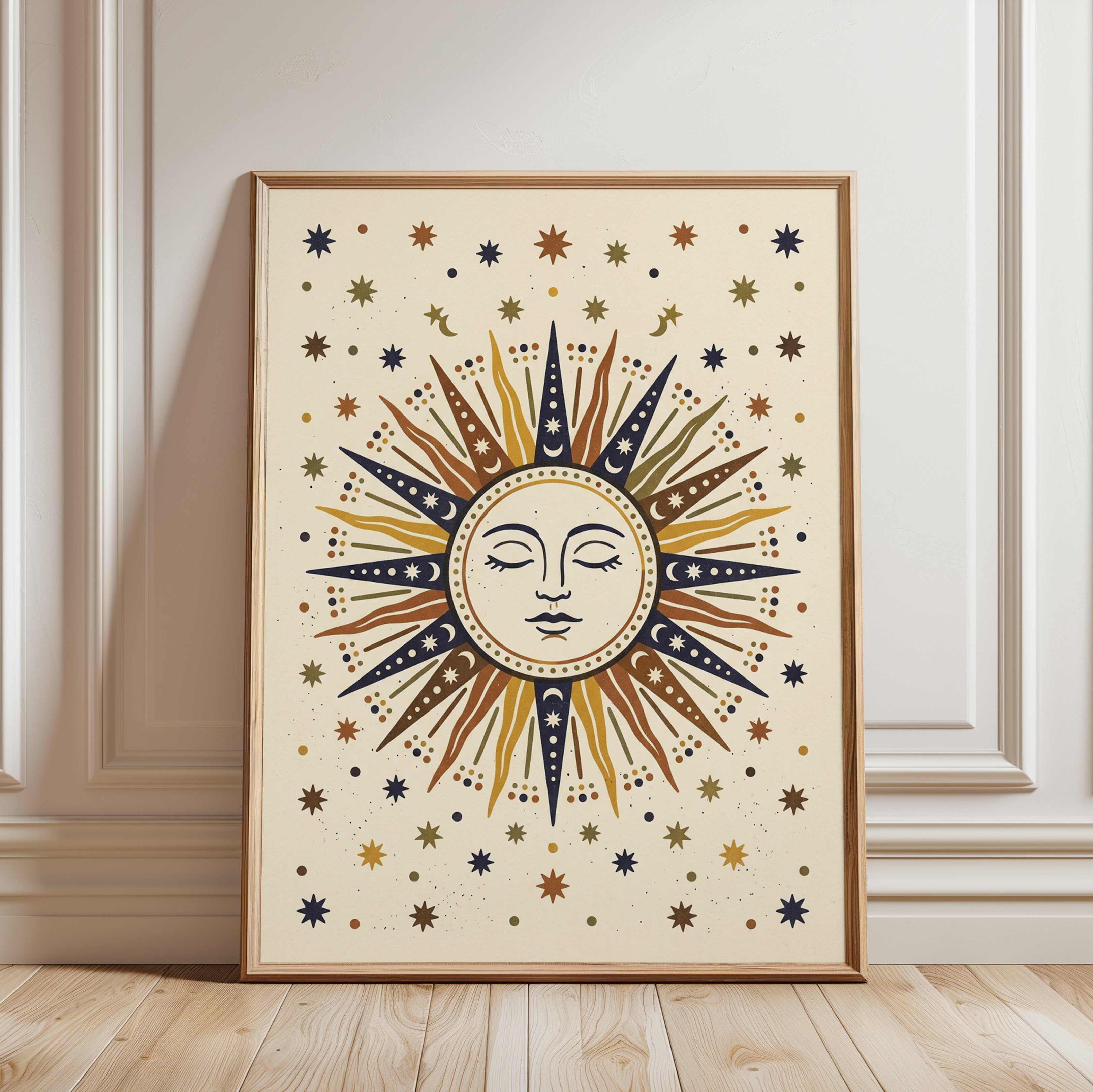 Celestial Sun Face Art Print: Folk Art Style in Earthy Tones - framed detail