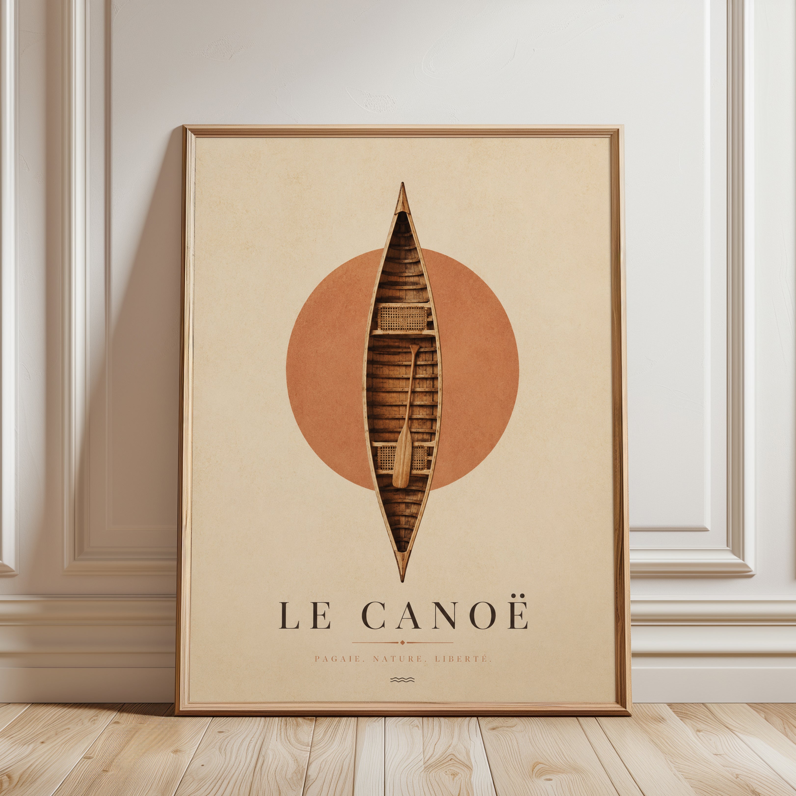 Vintage Canoe Poster: Minimalist Geometric Earth Tones Wall Art - framed detail