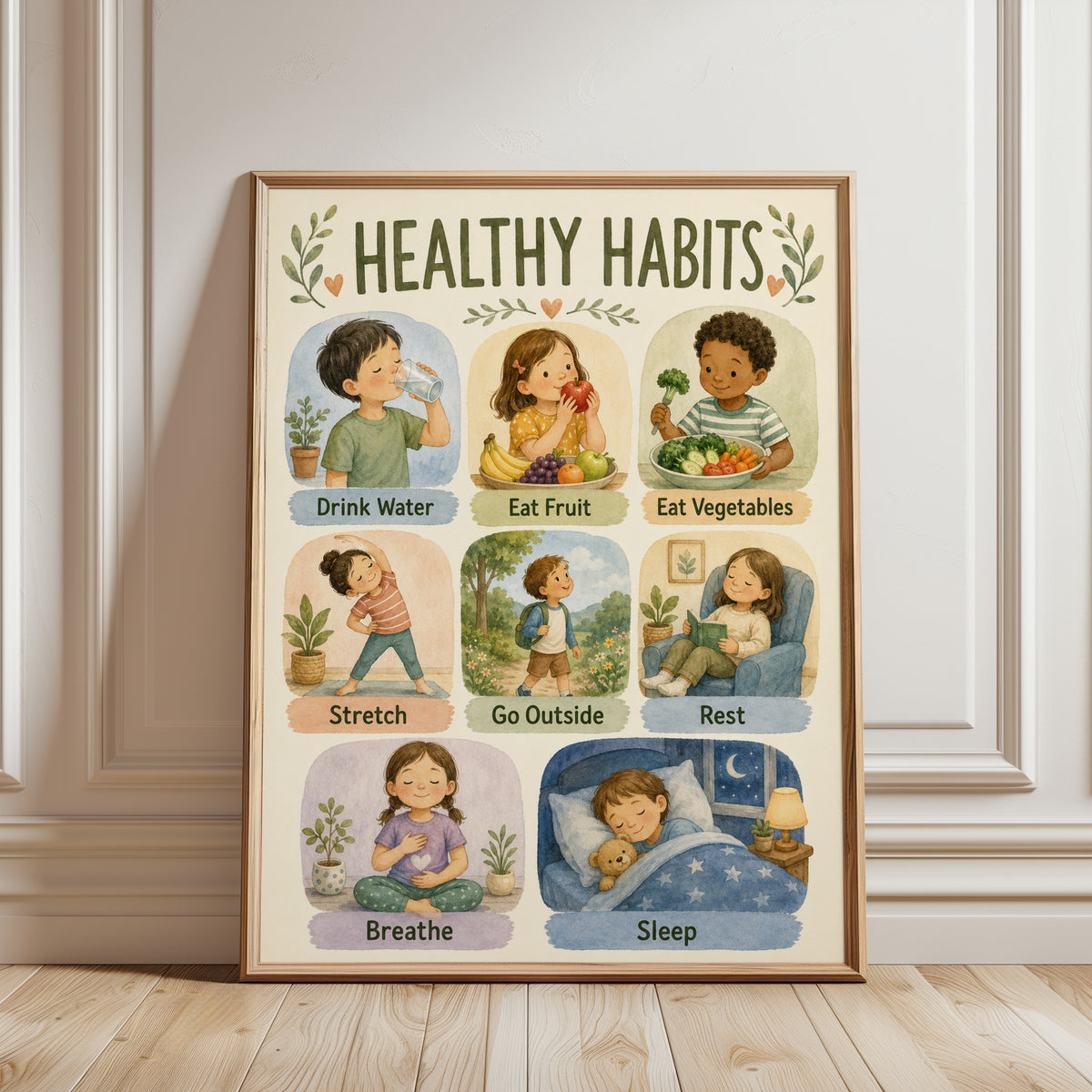 Healthy Habits Kids Print: Educational Chart for Playroom Decor - framed detail