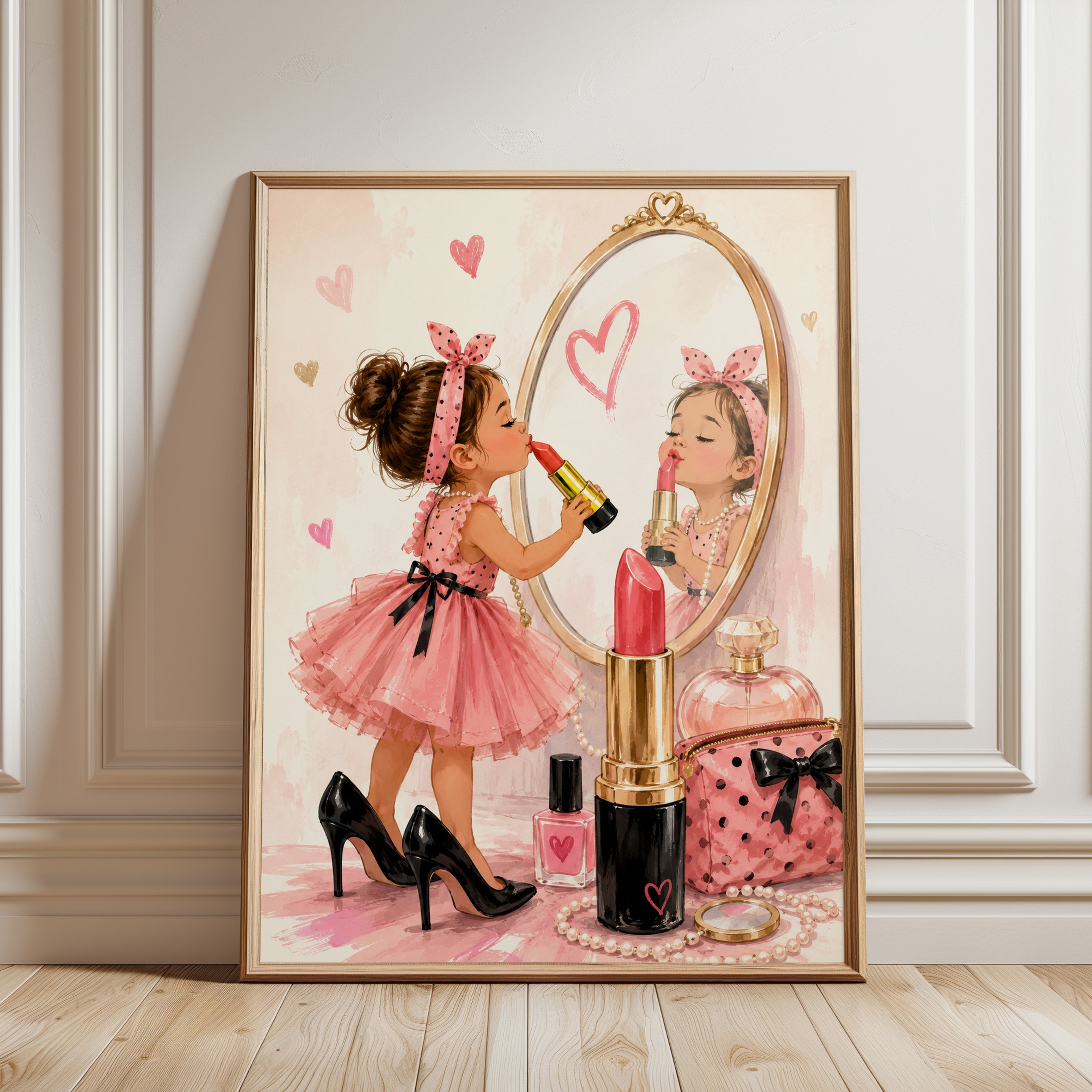 Little Girl with Lipstick Mirror Art Print: Pink Fashion Poster - framed detail