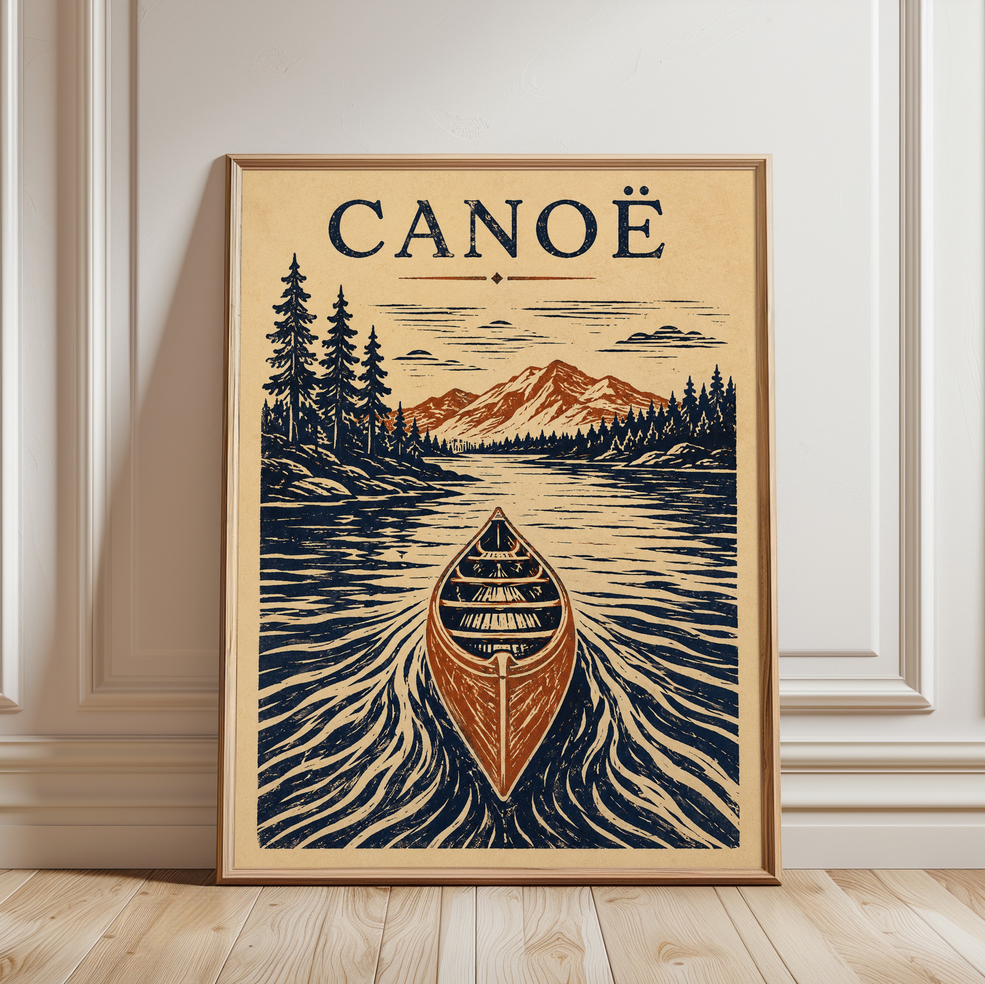 Canoe Wall Art – Vintage Lake Print - framed detail