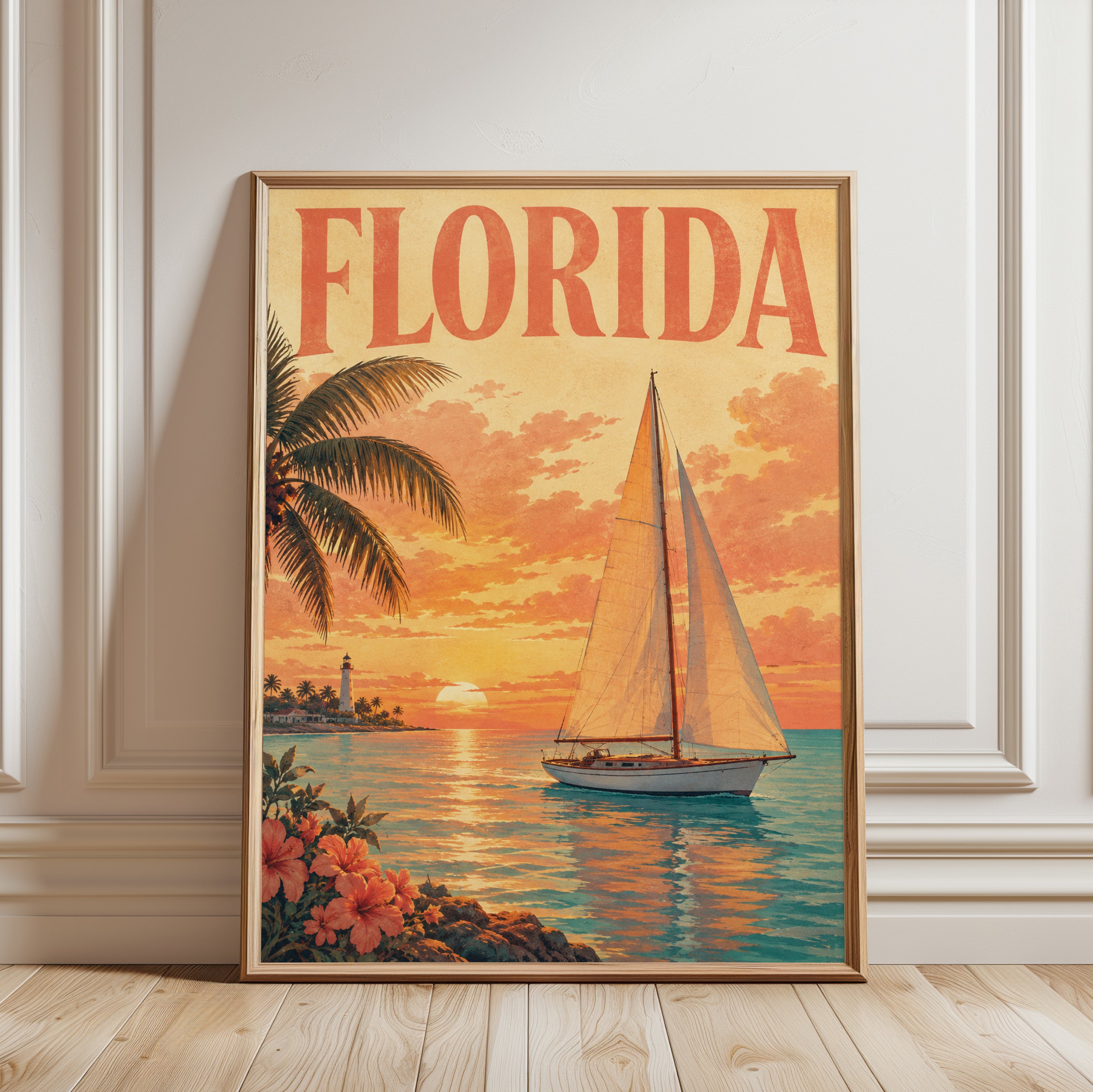 Florida Sunset Sailboat Poster: Vintage Travel Art Print - framed detail