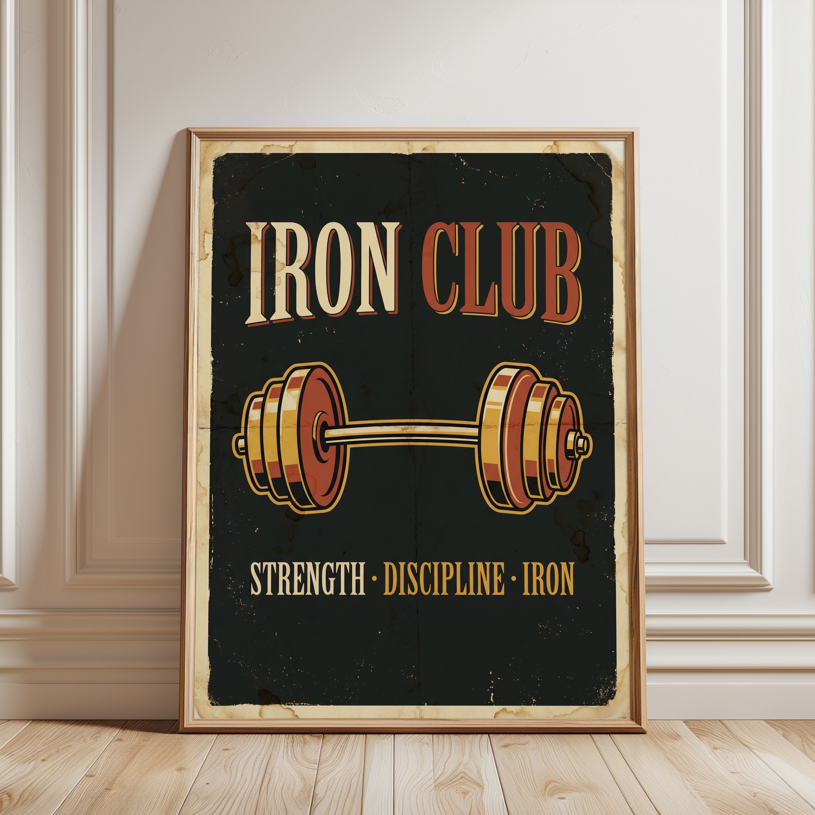 Iron Club Barbell Poster: Vintage Gym Fitness Wall Art - framed detail