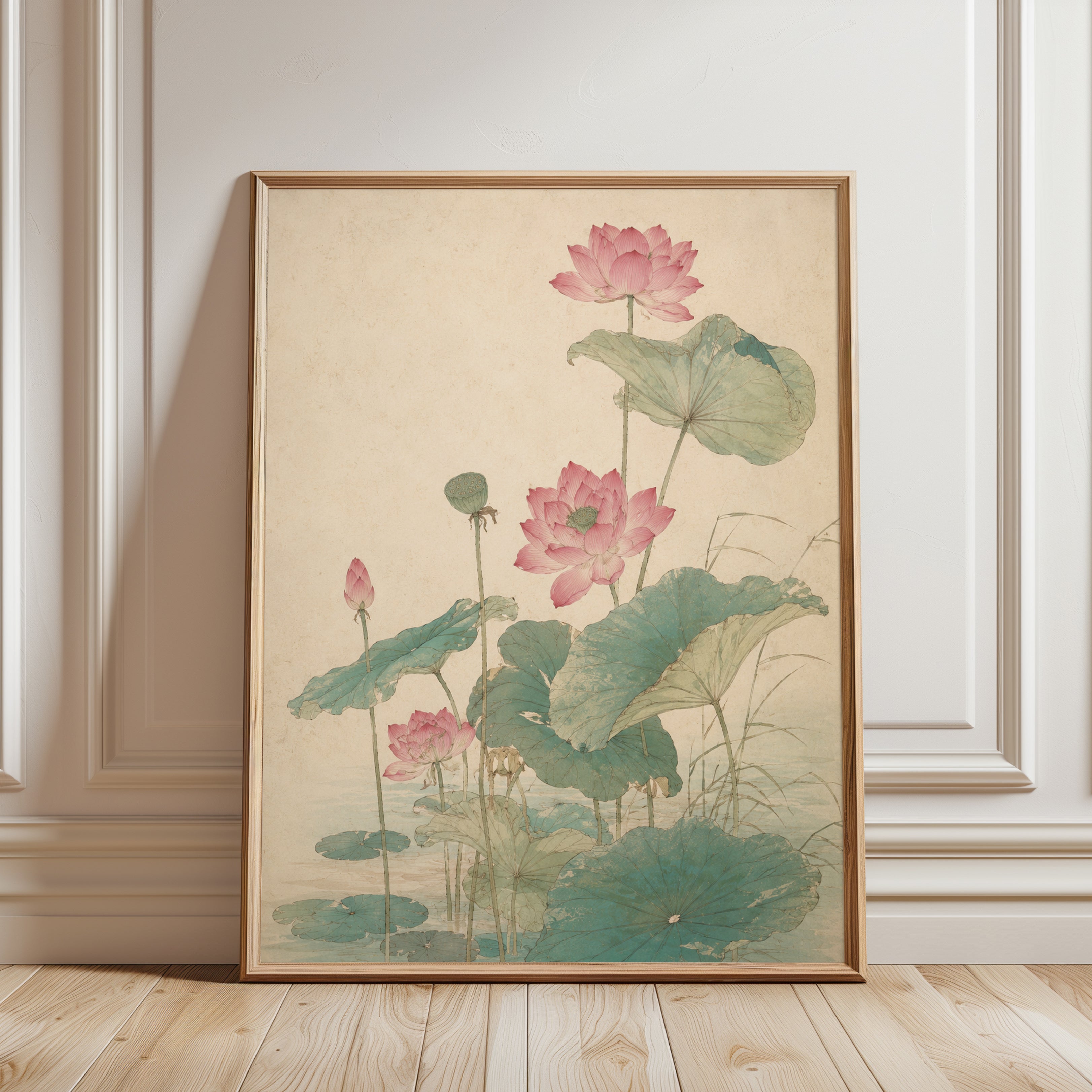 Pink Lotus Botanical Print: Vintage Japanese Watercolor Art - framed detail