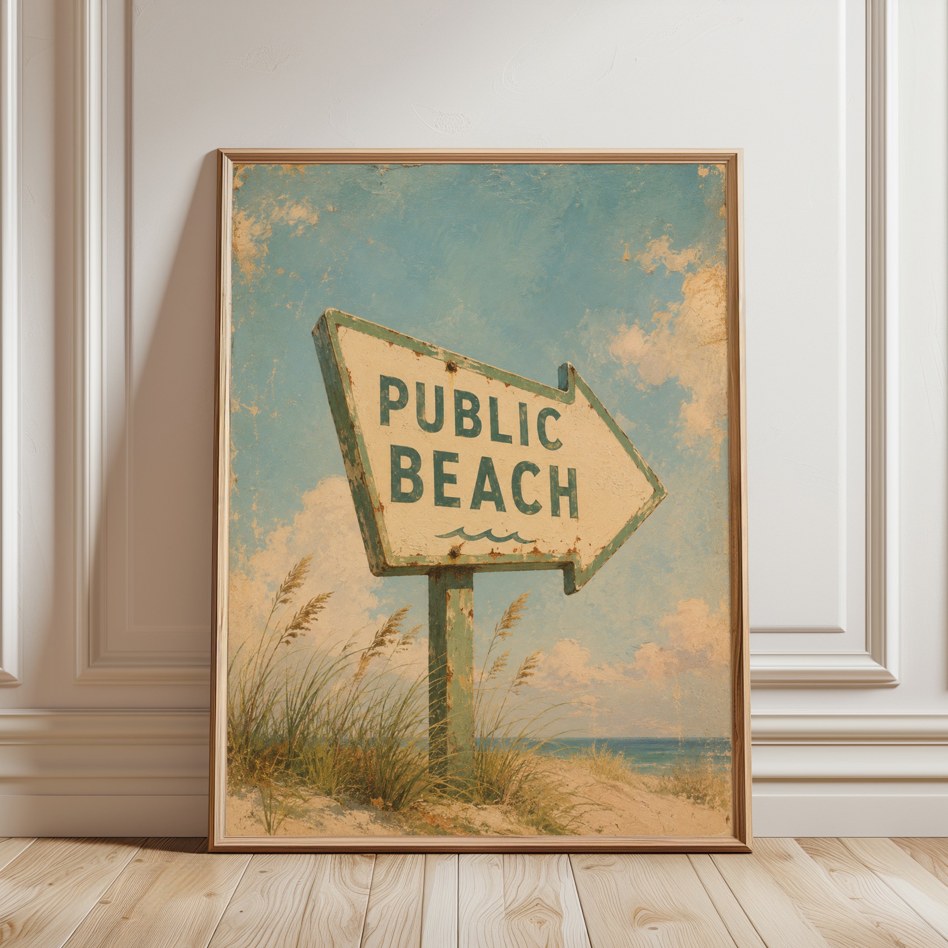 Beach Sign Wall Art – Vintage Coastal Print - framed detail