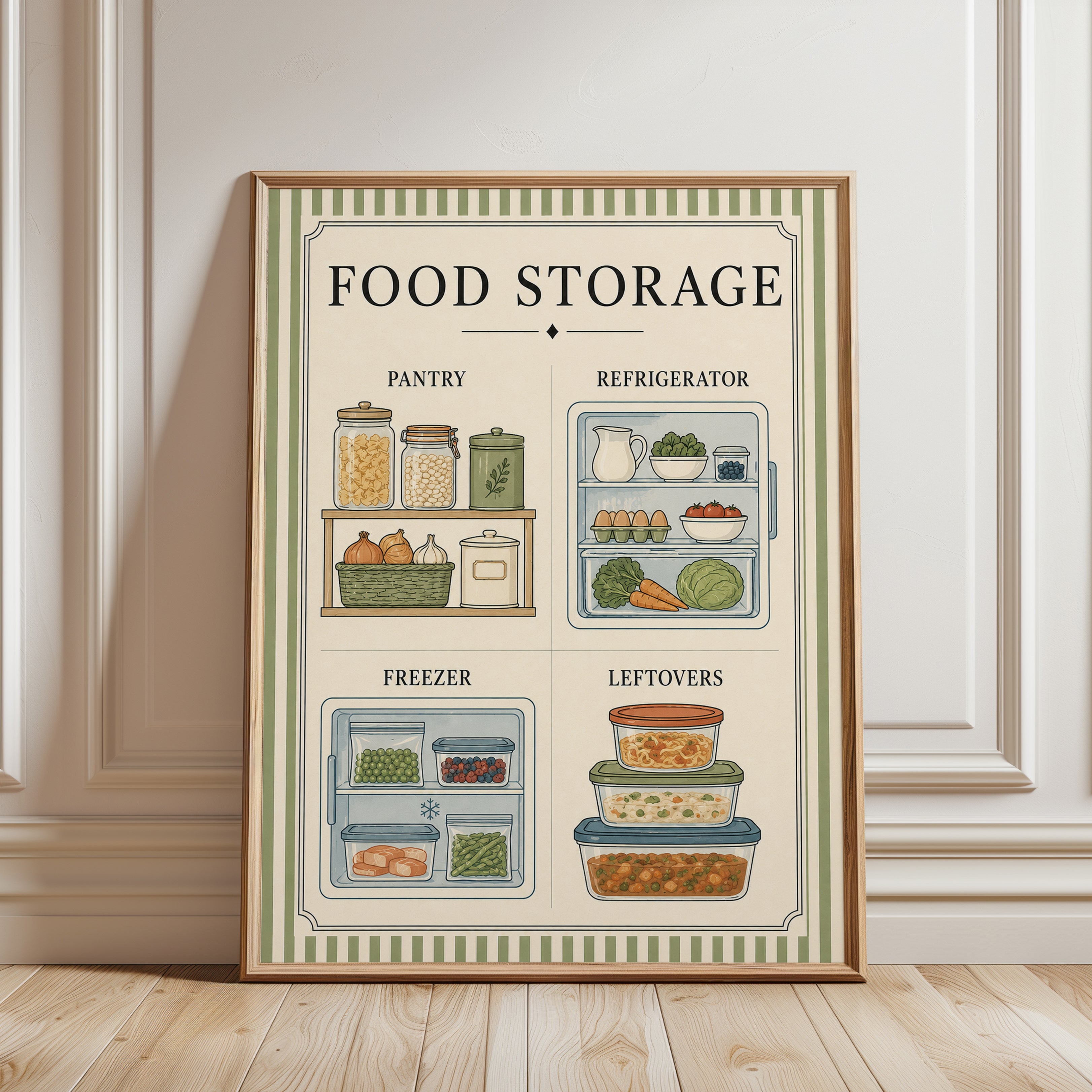 Food Storage Kitchen Guide Print: Vintage Educational Poster - framed detail