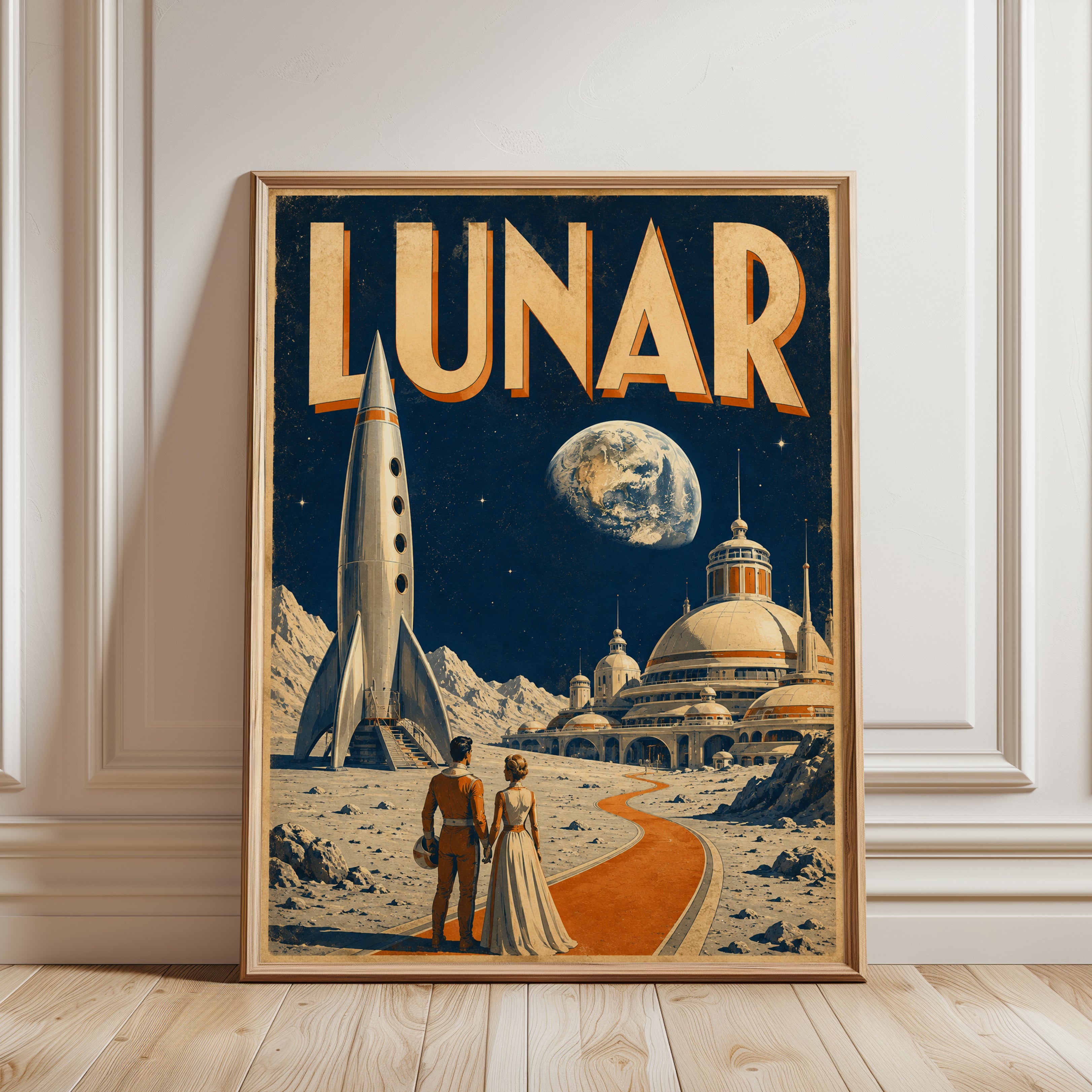 Vintage Space Poster – Retro Lunar Travel Print - framed detail
