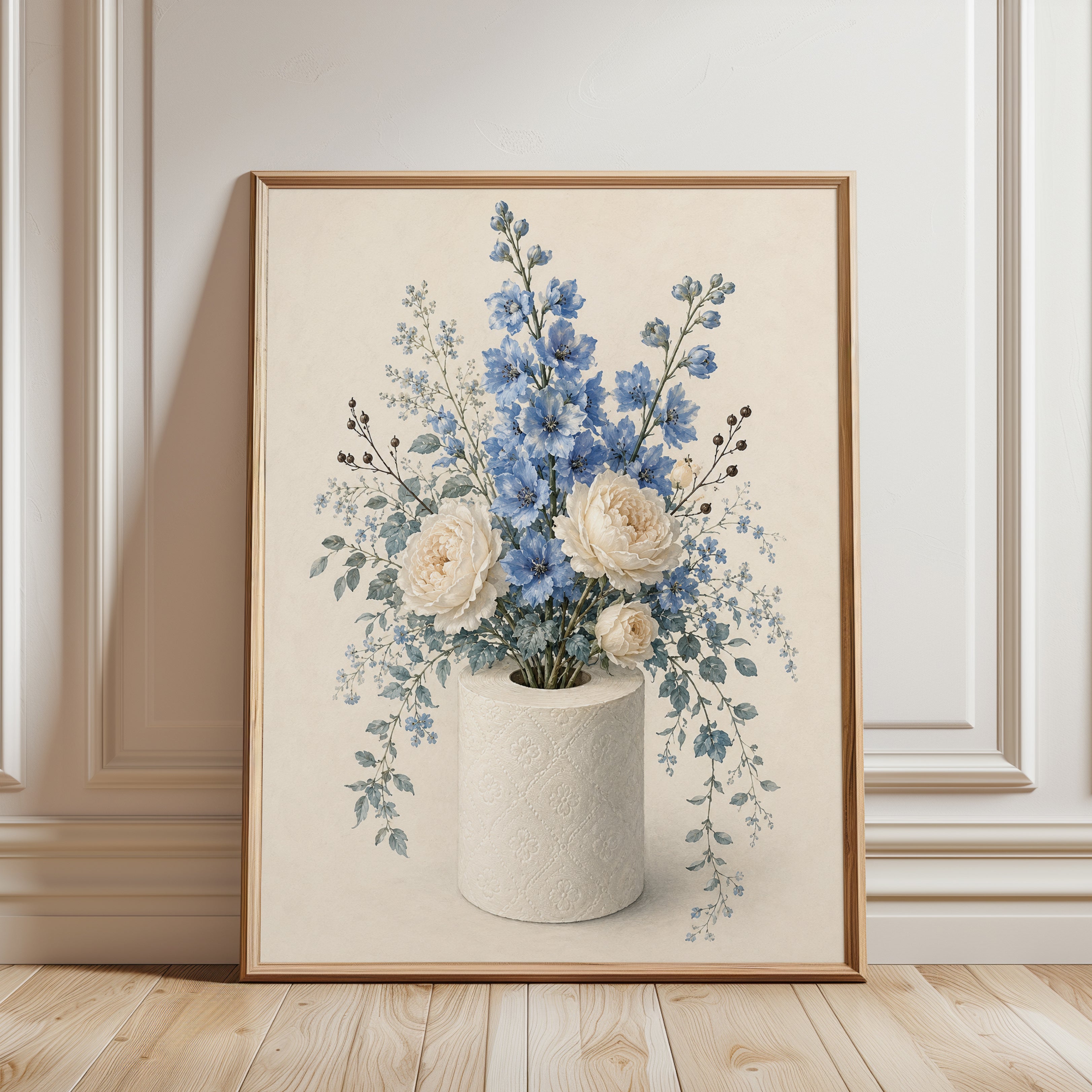 Blue Delphinium White Roses Art Print: Soft Botanical Floral - framed detail