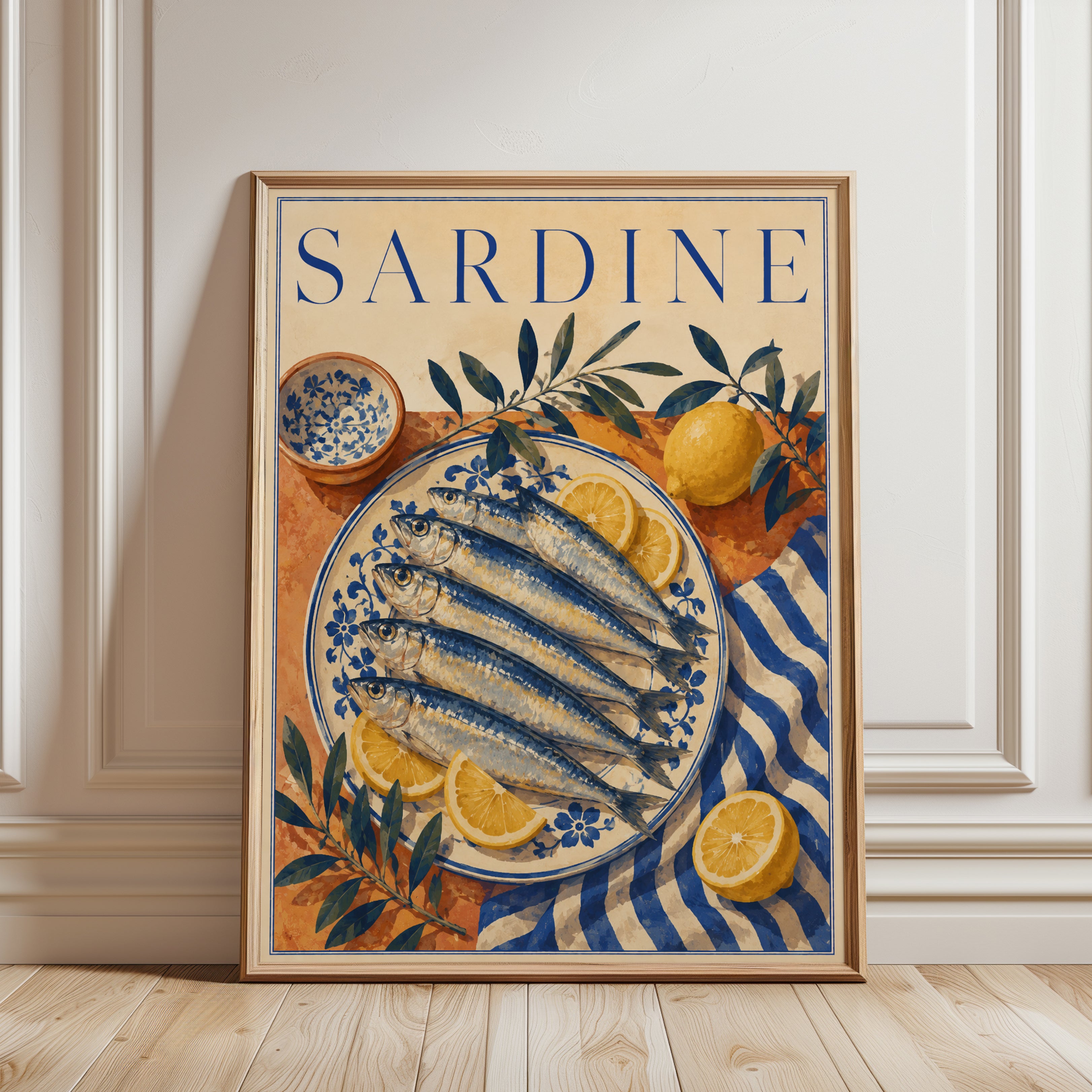 Sardine Wall Art: Vintage Mediterranean Food Illustration - framed detail