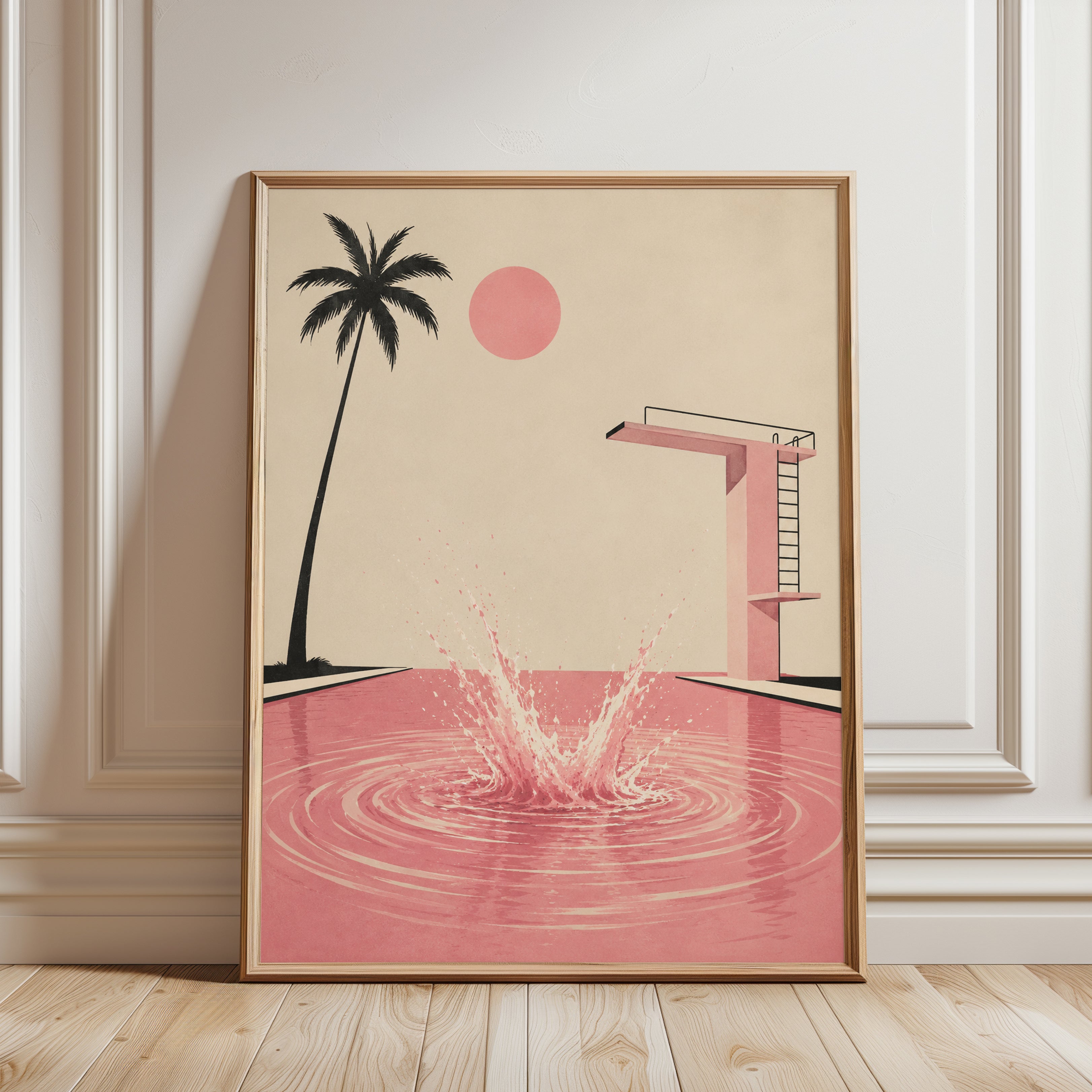 Minimalist Pool Poster – Pink Palm Tree Print - framed detail
