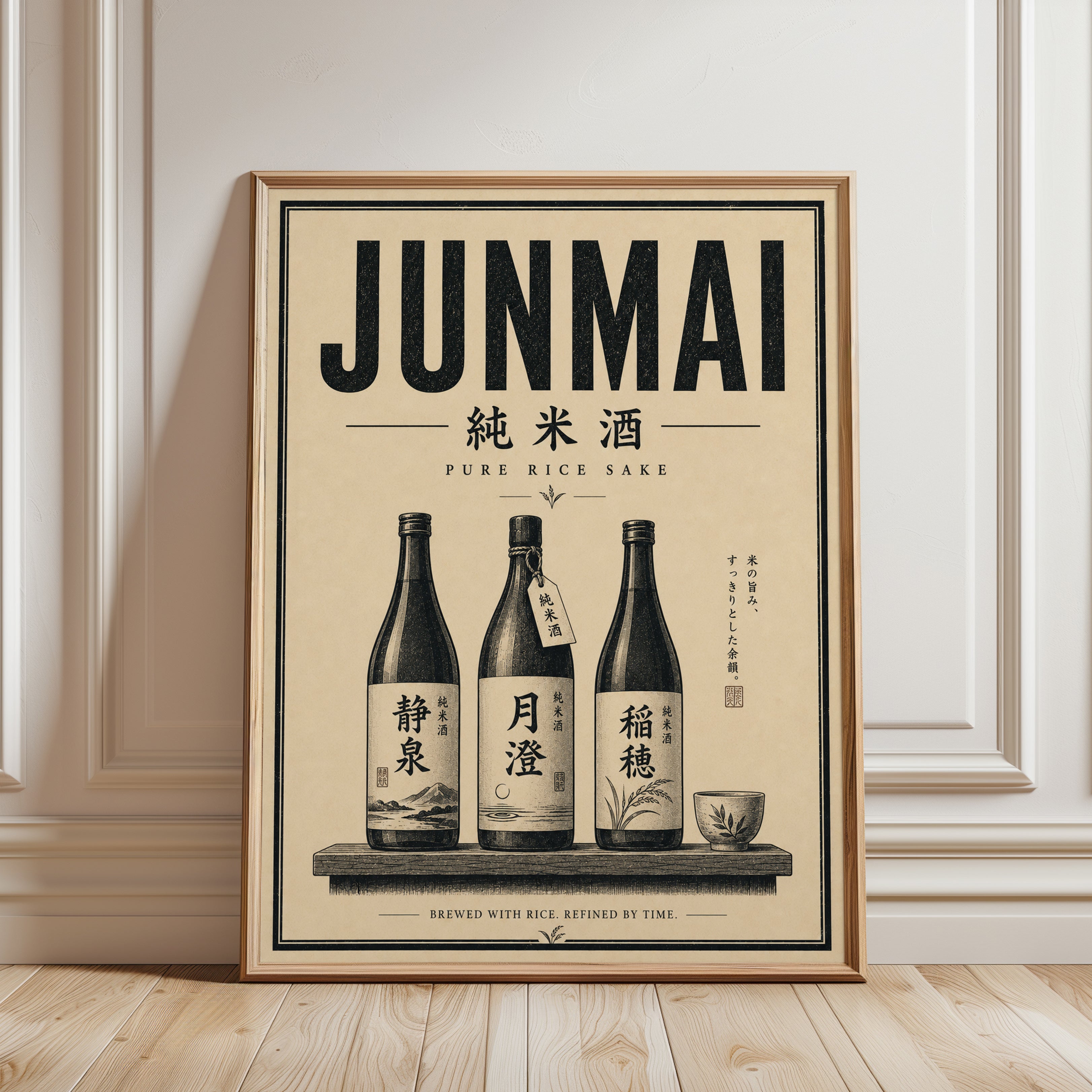 Vintage Junmai Sake Print: Japanese Kitchen Wall Art - framed detail