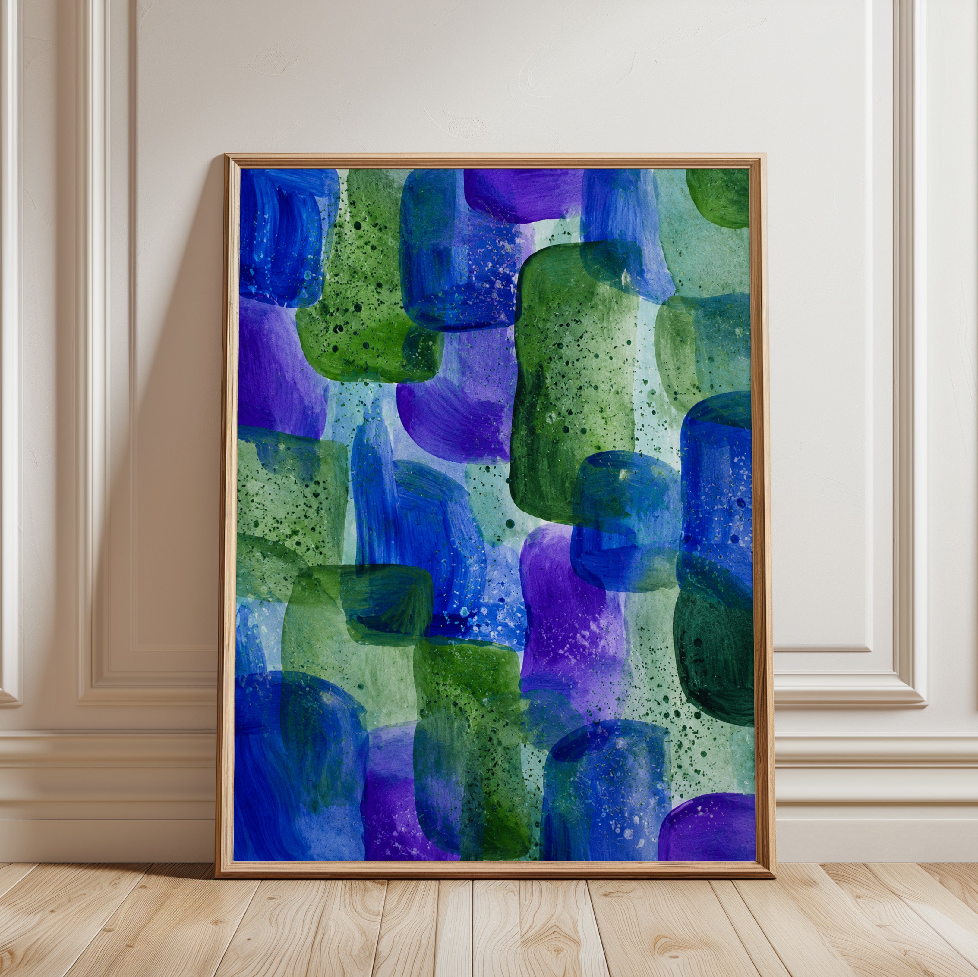 Abstract Organic Shapes Wall Art: Blue Purple Green Watercolor - framed detail