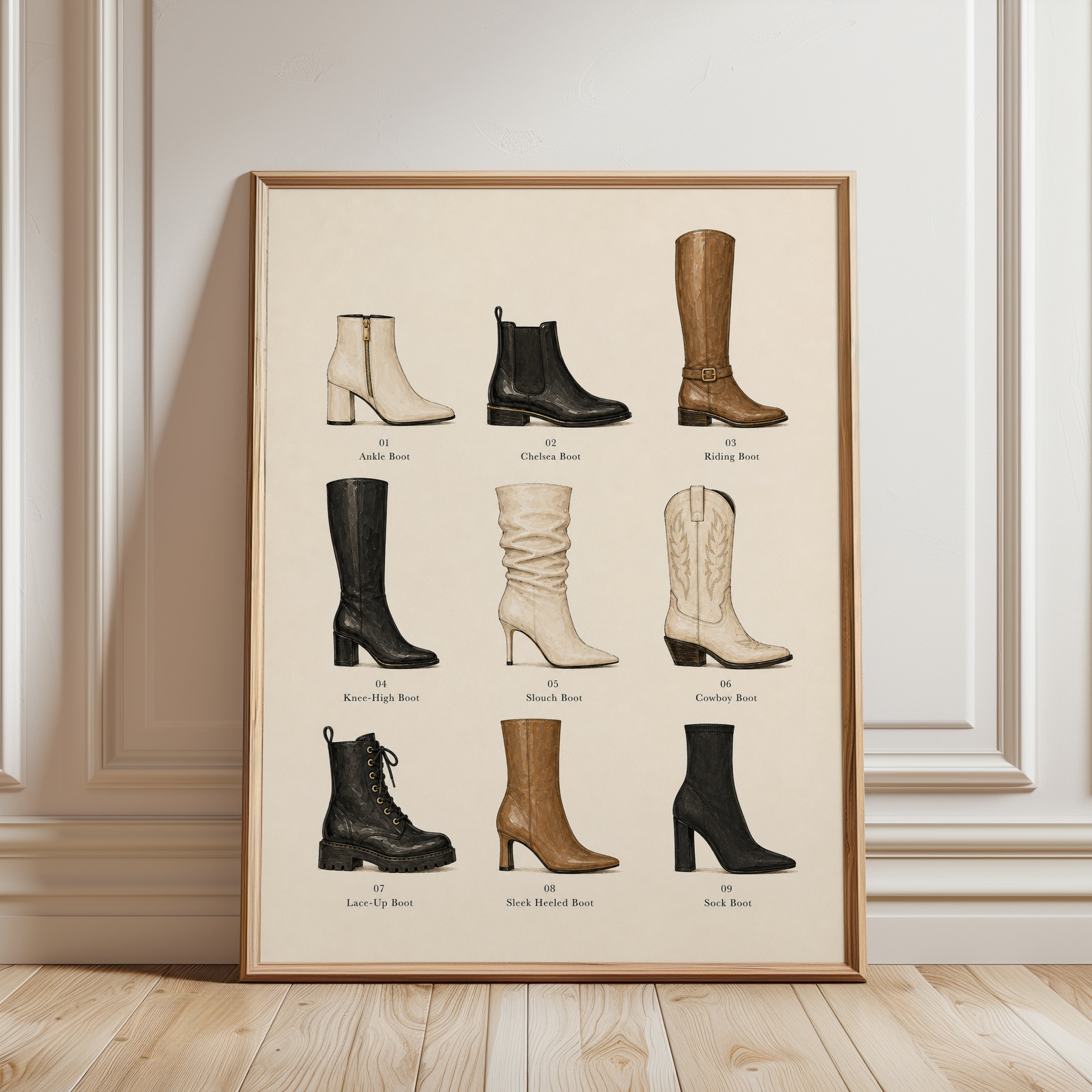 Boot Collection Chart: Vintage Fashion Illustration Art Print - framed detail