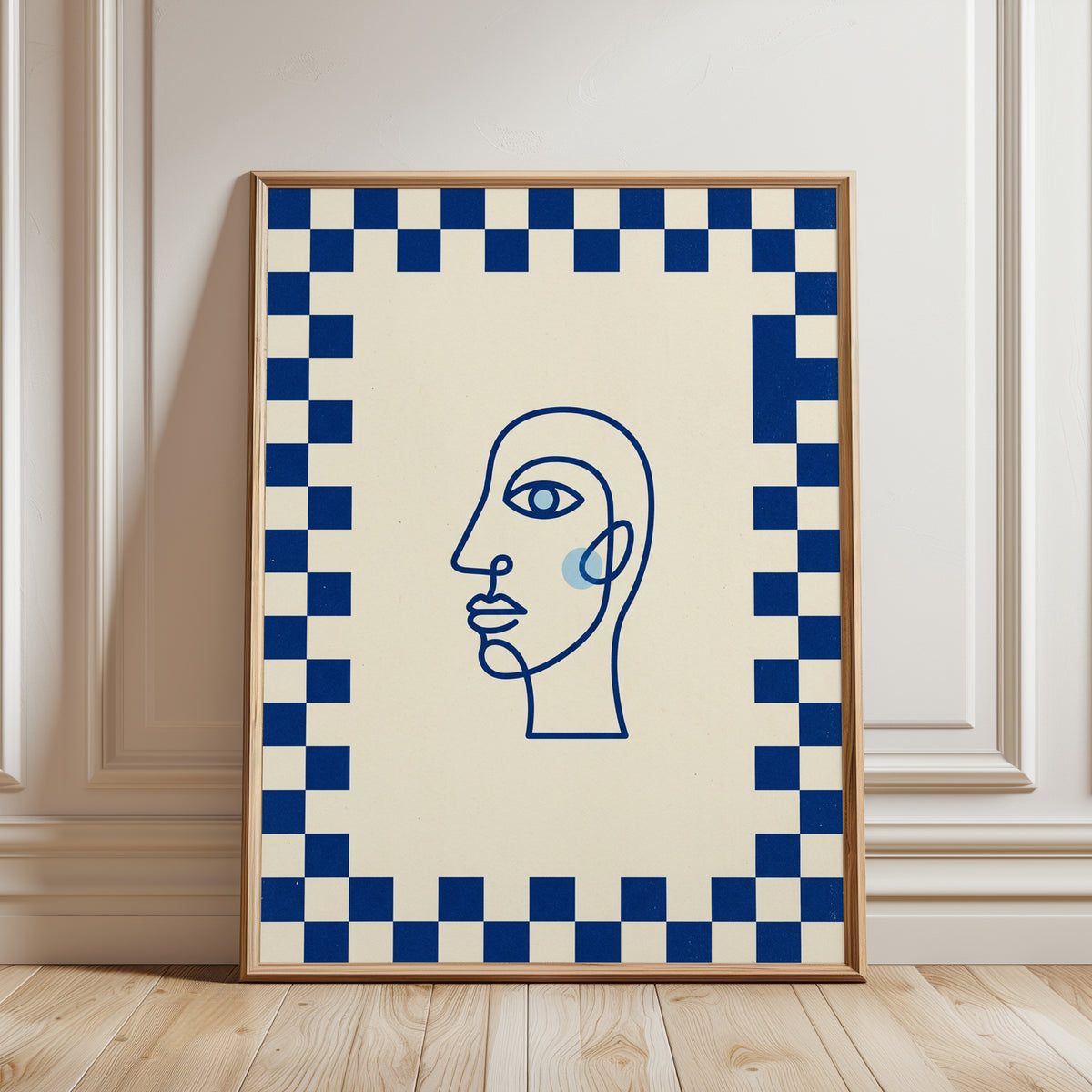 Line Art Face Print: Minimalist Blue and Cream Checkerboard - framed detail