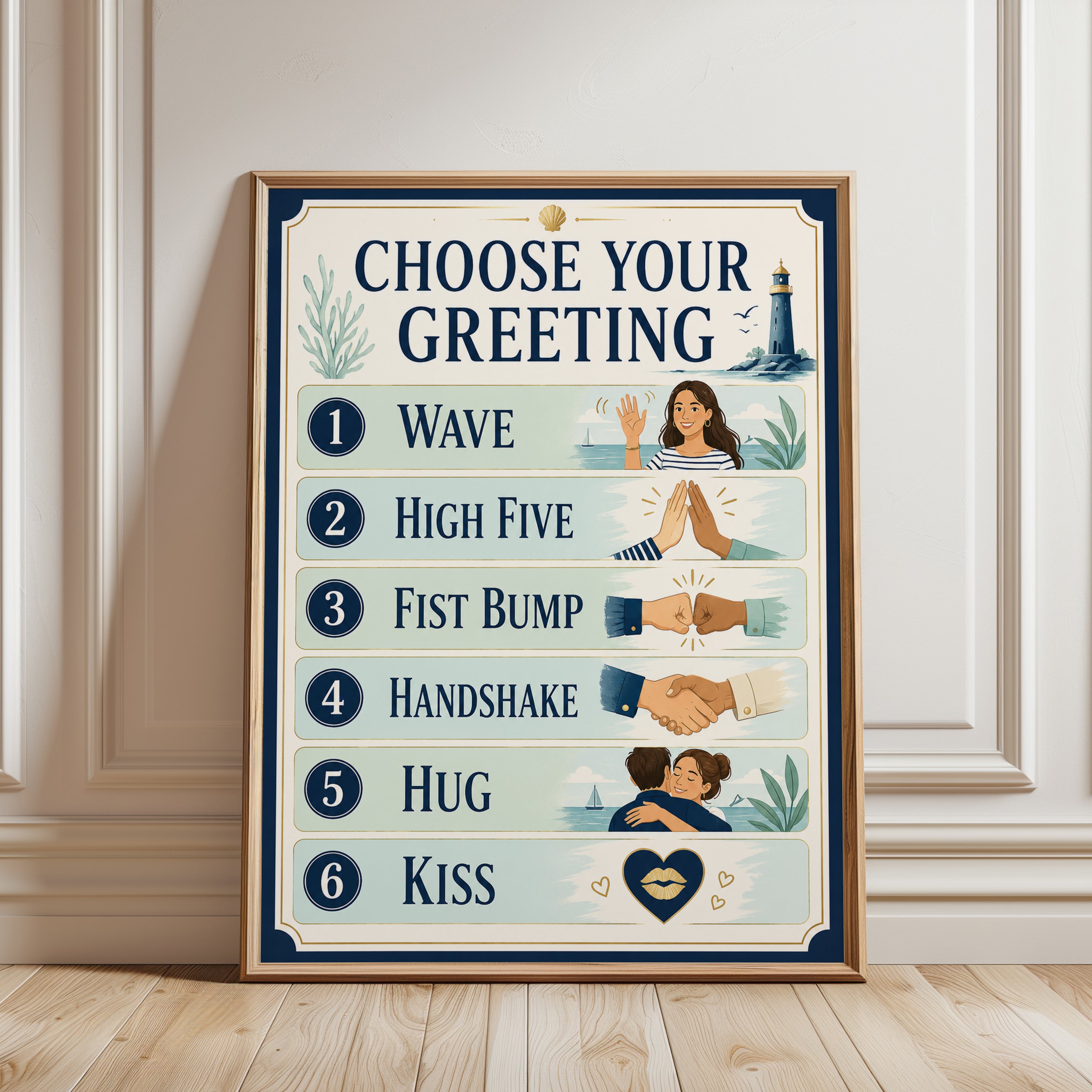 Greeting Sign Print: Nautical Coastal Art - framed detail