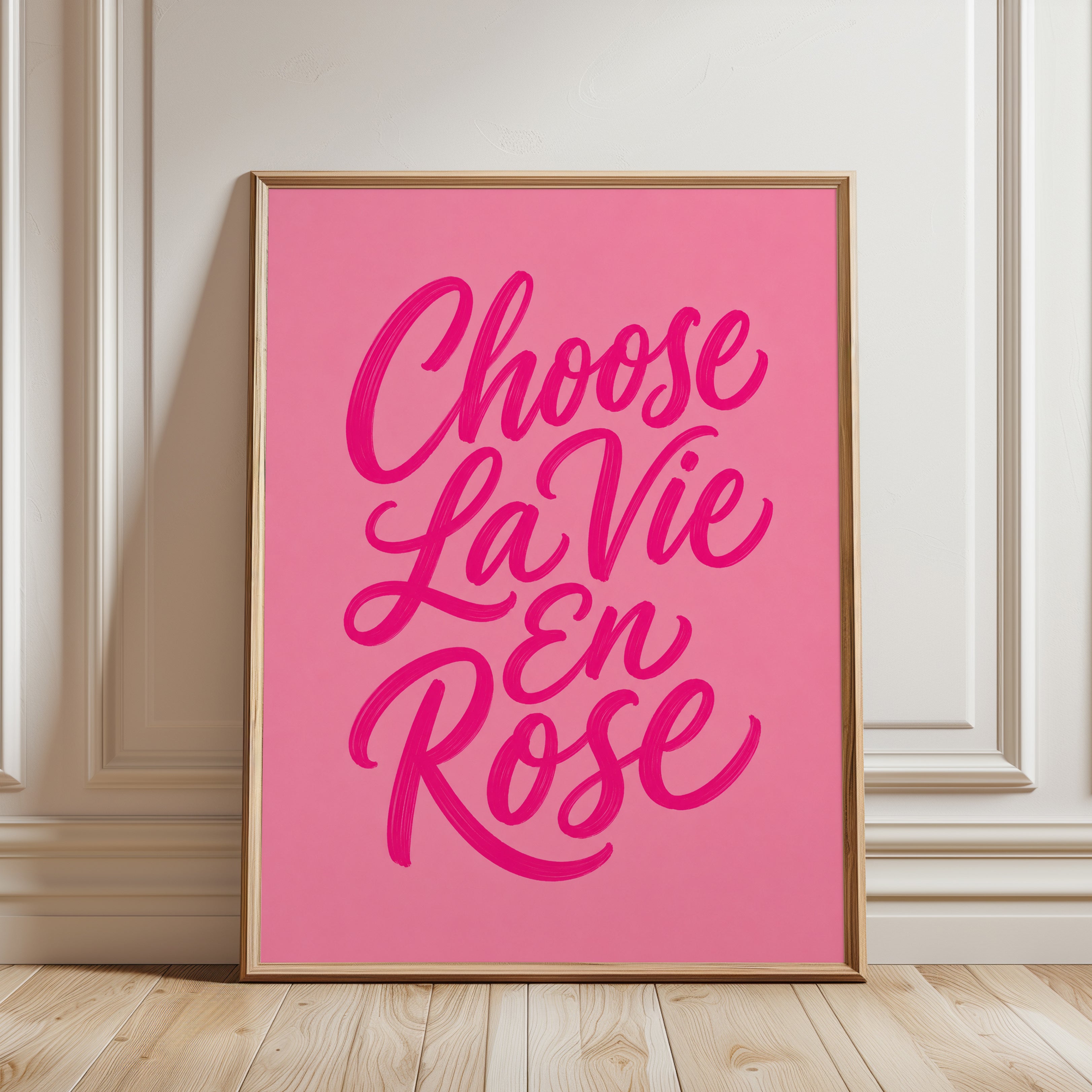 Choose La Vie En Rose Typography Print: Pink Script Lettering - framed detail