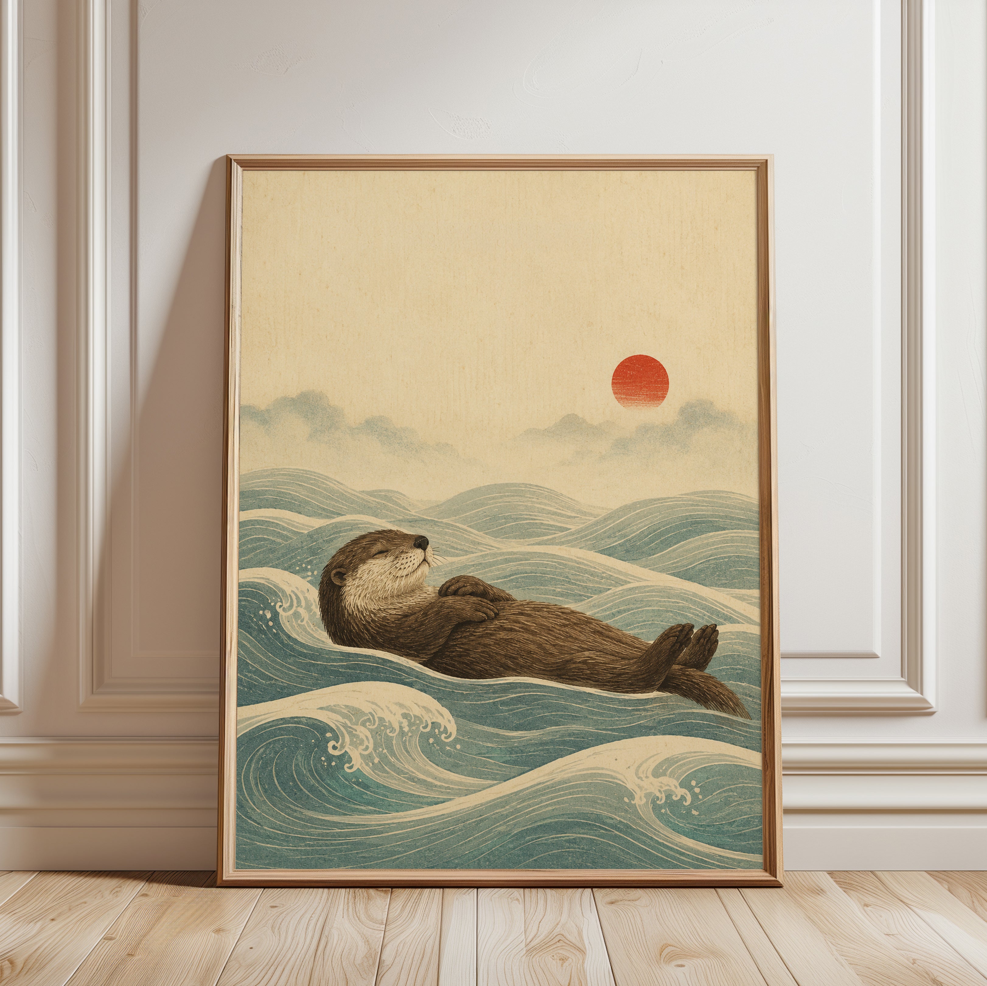 Sea Otter in Waves Art Print: Japanese Woodblock Style with Red Sun - framed detail