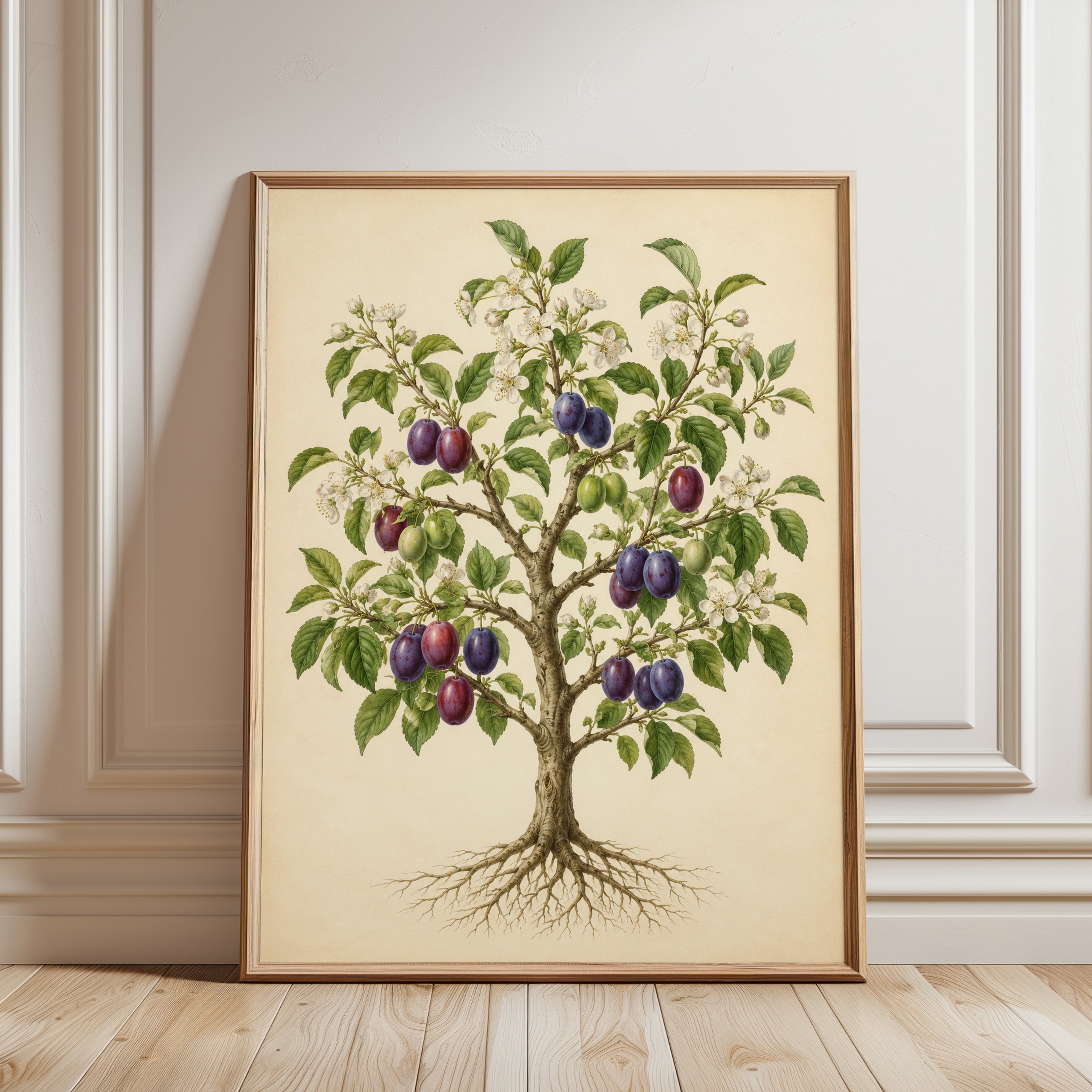 Plum Tree Botanical Print: Vintage Fruit Illustration Wall Art - framed detail
