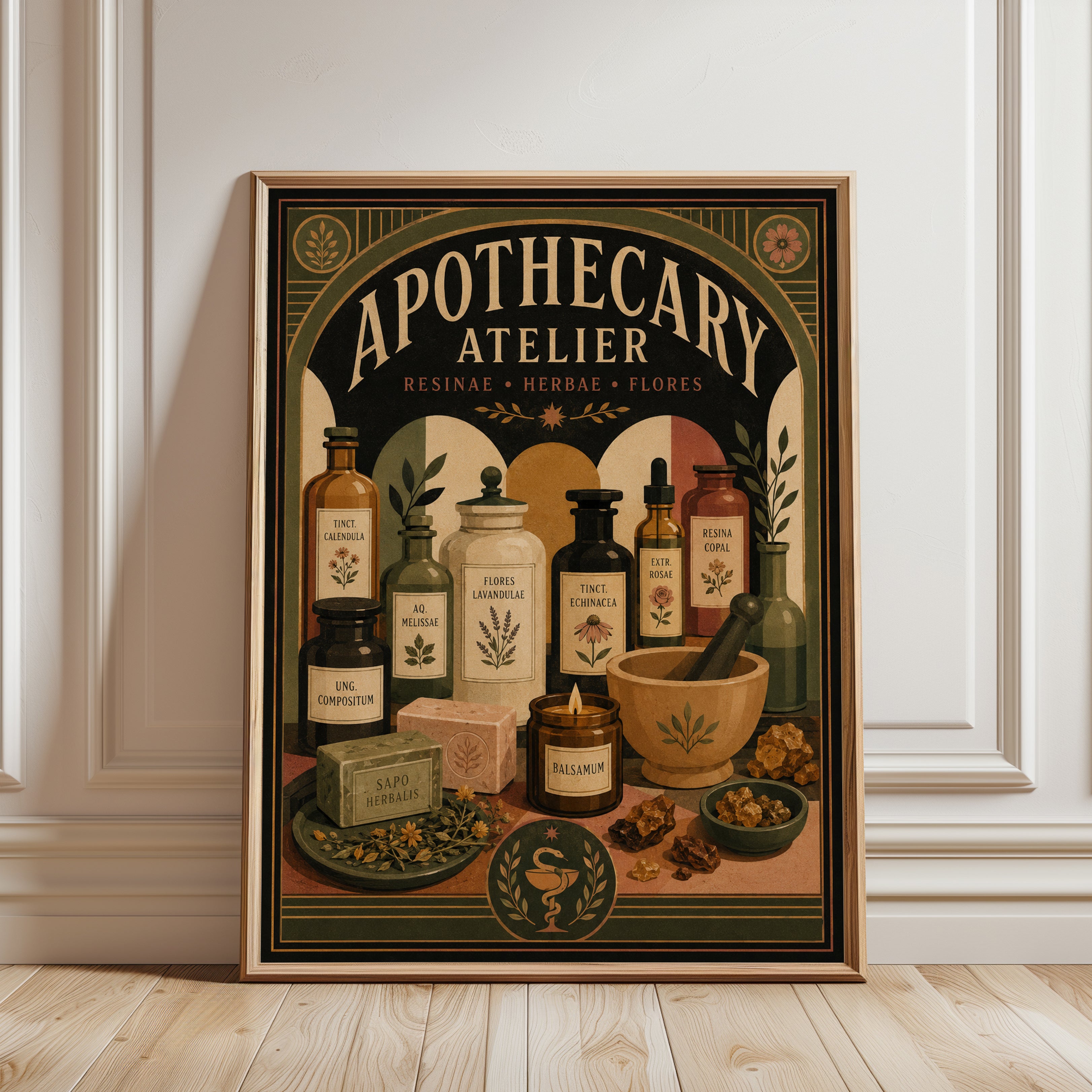 Apothecary Atelier Poster: Vintage Botanical Art Deco Print - framed detail