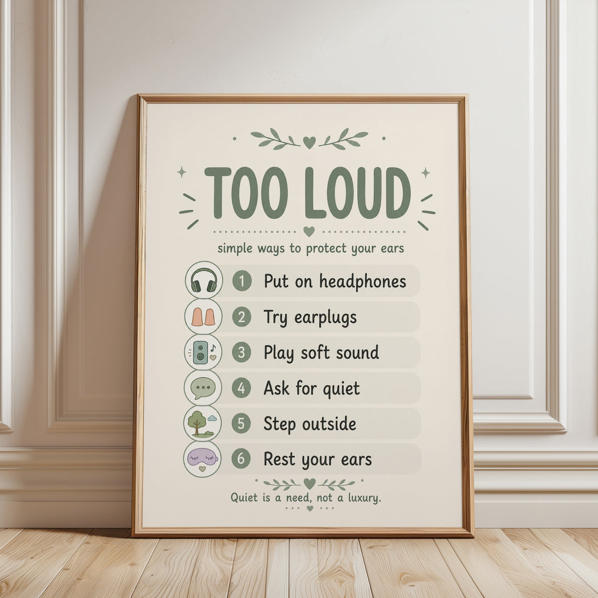 Too Loud Sensory Guide Print: Sage Green Self-Care Wall Art - framed detail