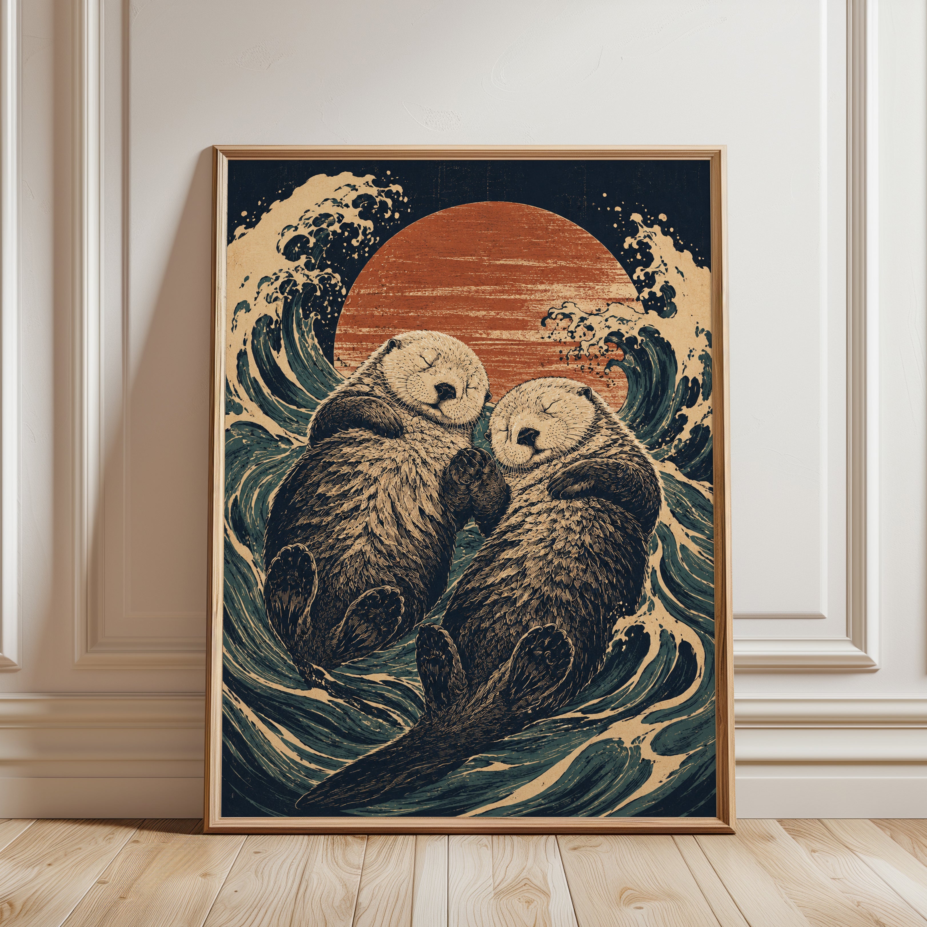 Sea Otter Art Print — Japanese Wave Style - framed detail