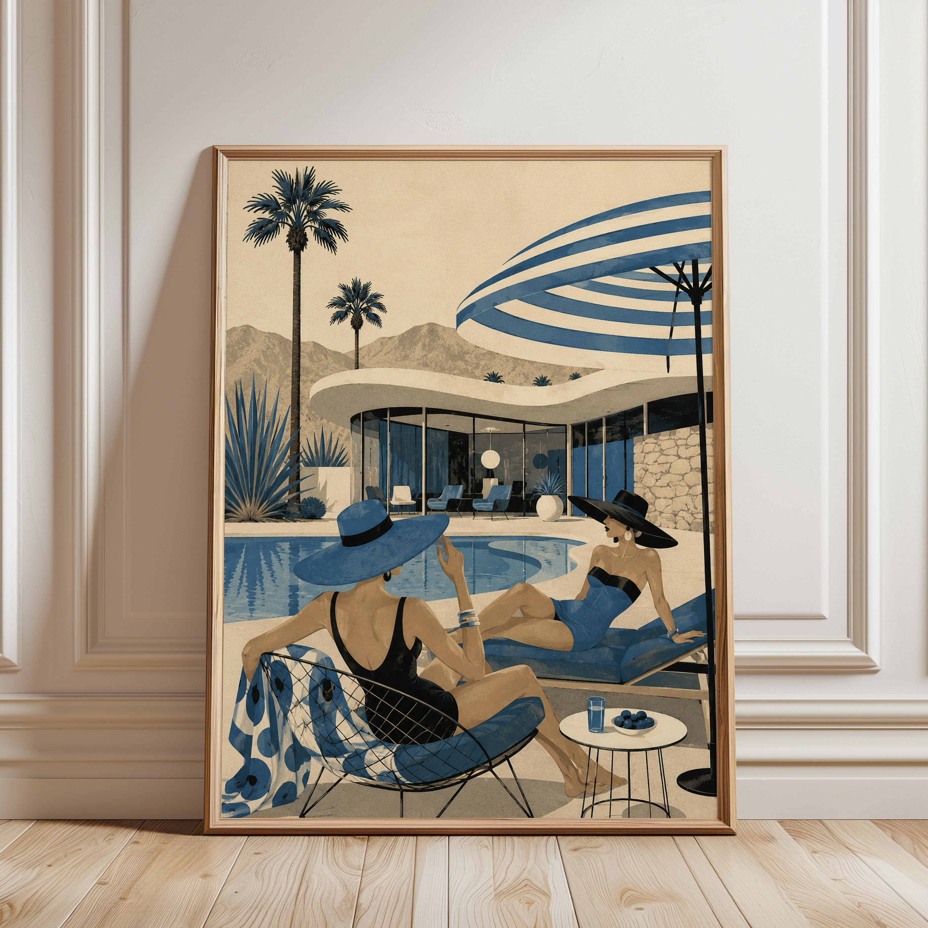 Mid-Century Palm Springs Poolside Art Print: Retro Modern Design - framed detail