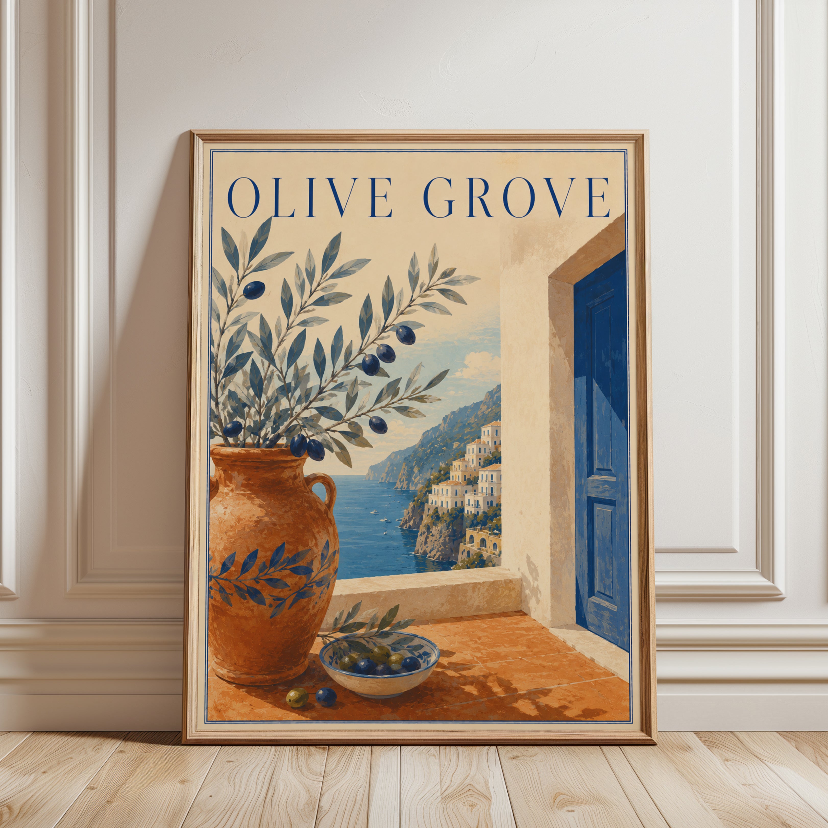 Mediterranean Wall Art: Olive Grove Scene - framed detail