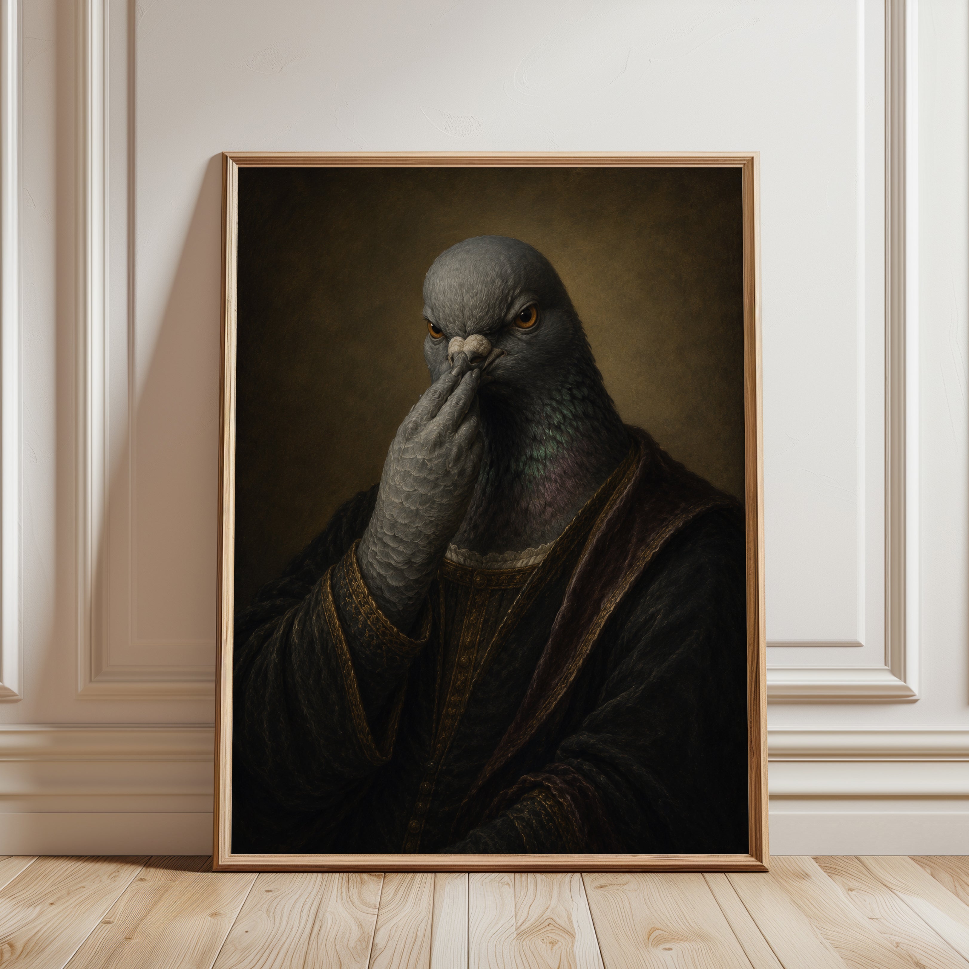 Funny Bathroom Poster Renaissance Pigeon Portrait Print - framed detail