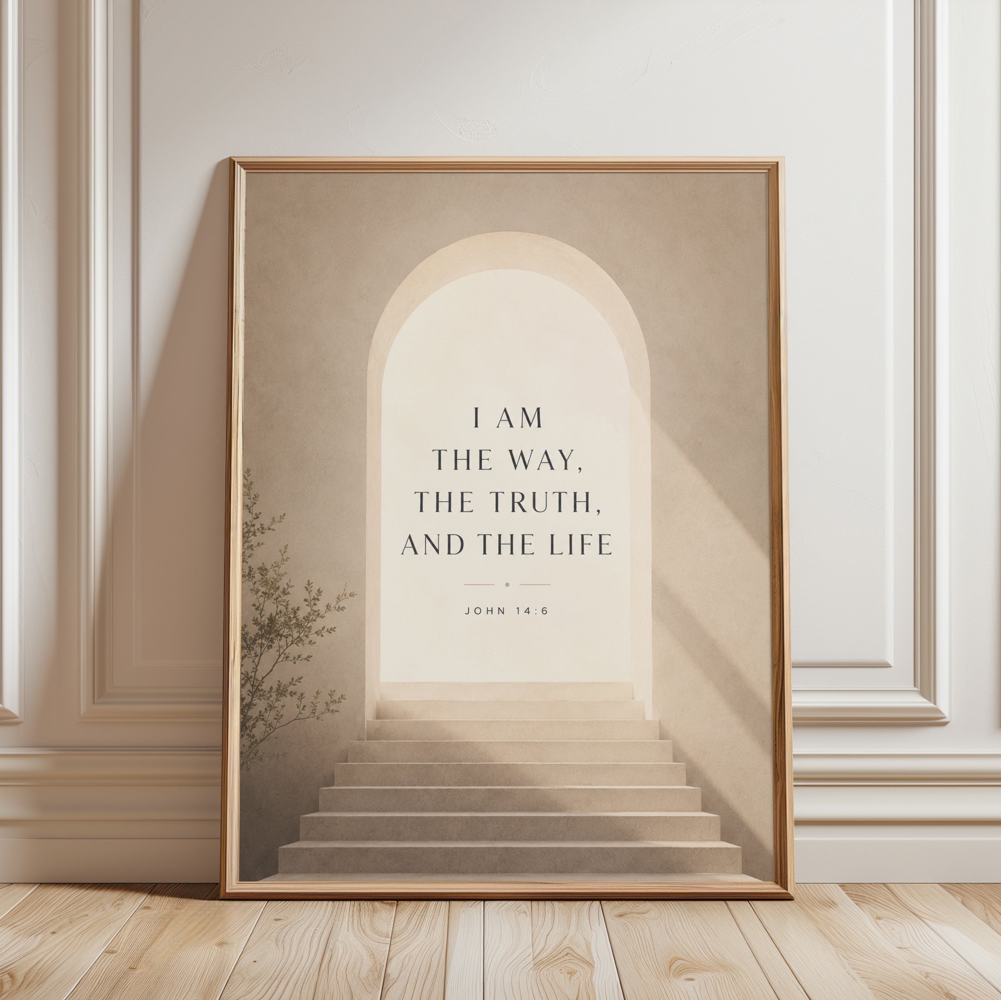 John 14:6 Scripture Print: Minimalist Beige Archway Wall Art - framed detail