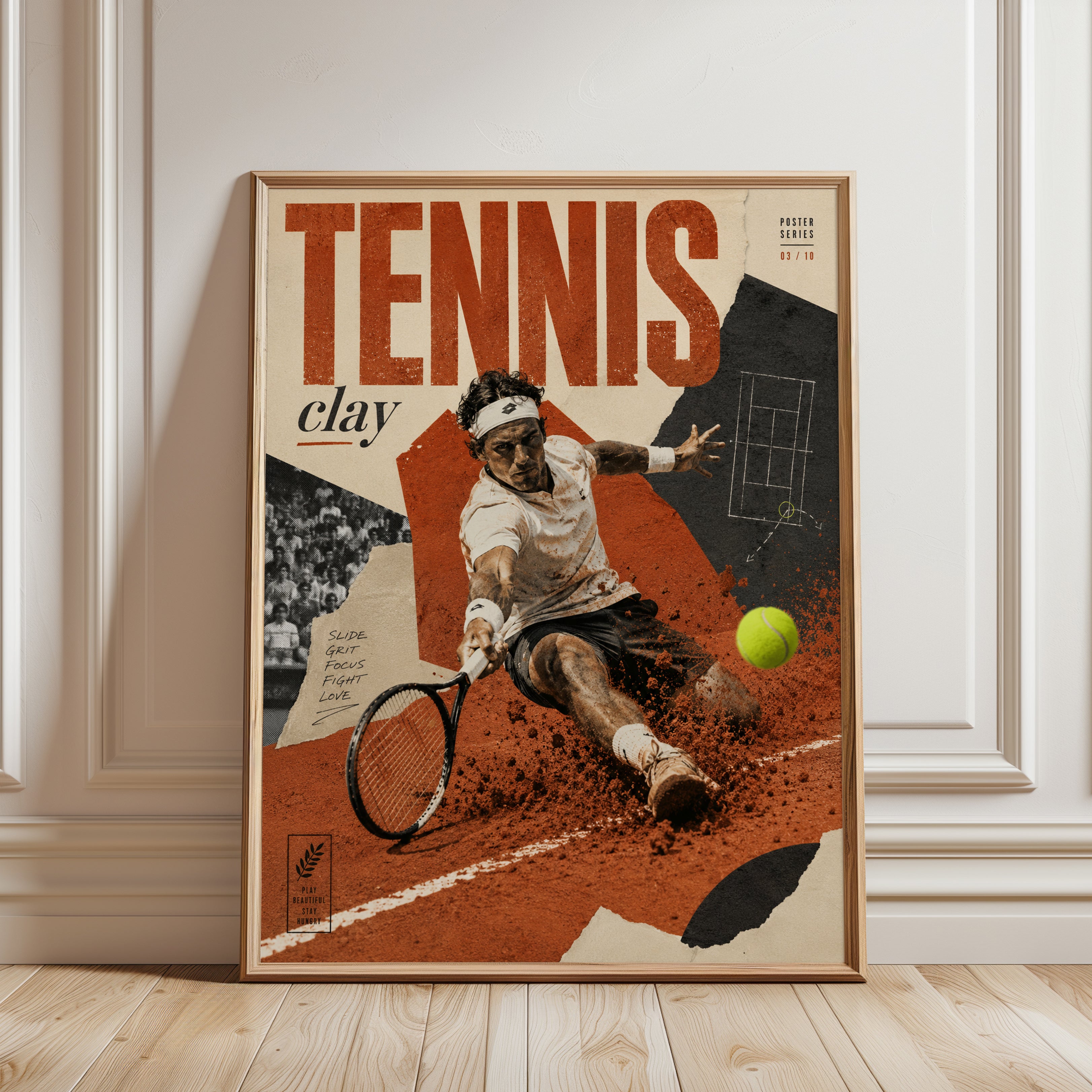 Vintage Tennis Poster: Clay Court Sports Collage Wall Art - framed detail
