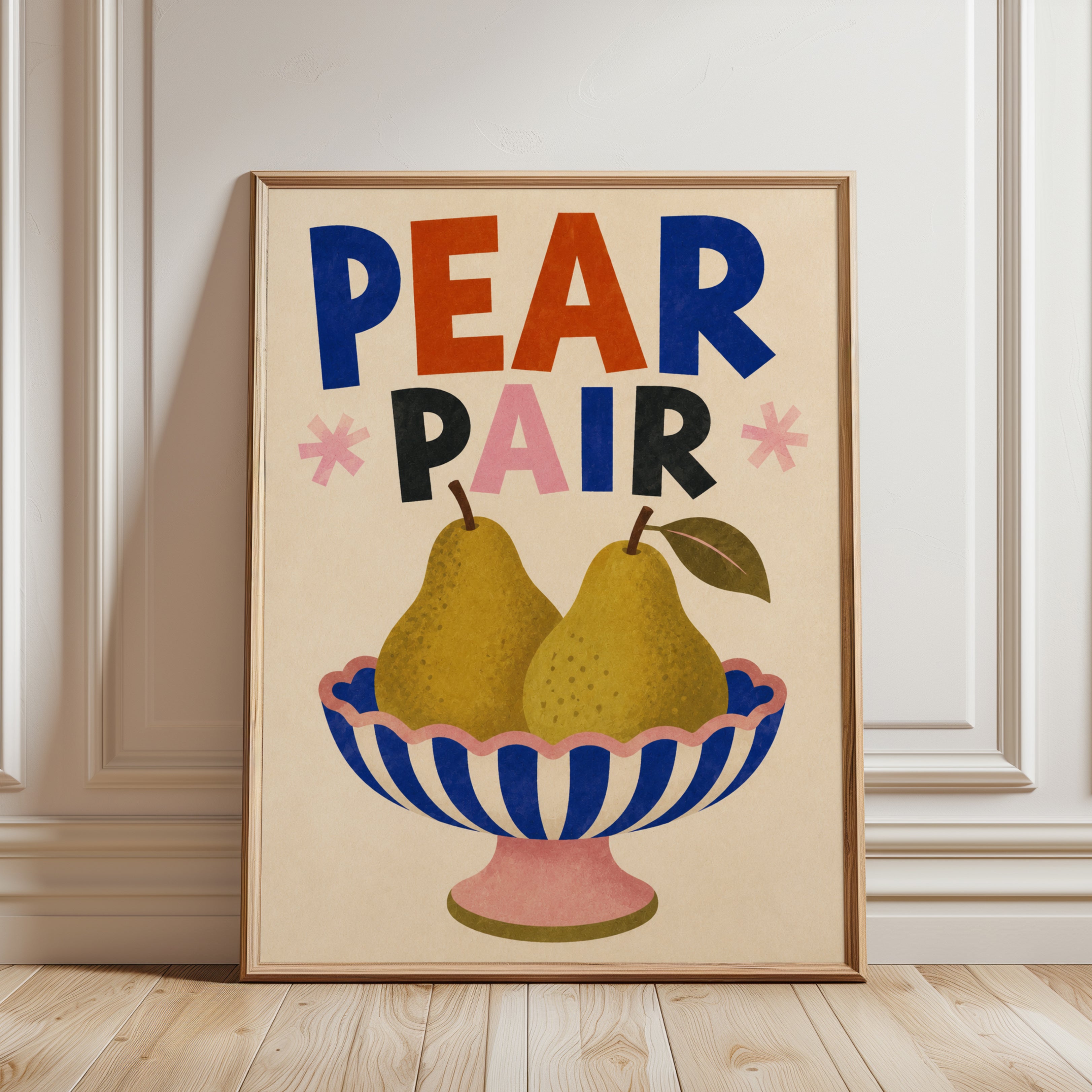 Pear Pair Art Print: Mid-Century Modern Kitchen Wall Art - framed detail
