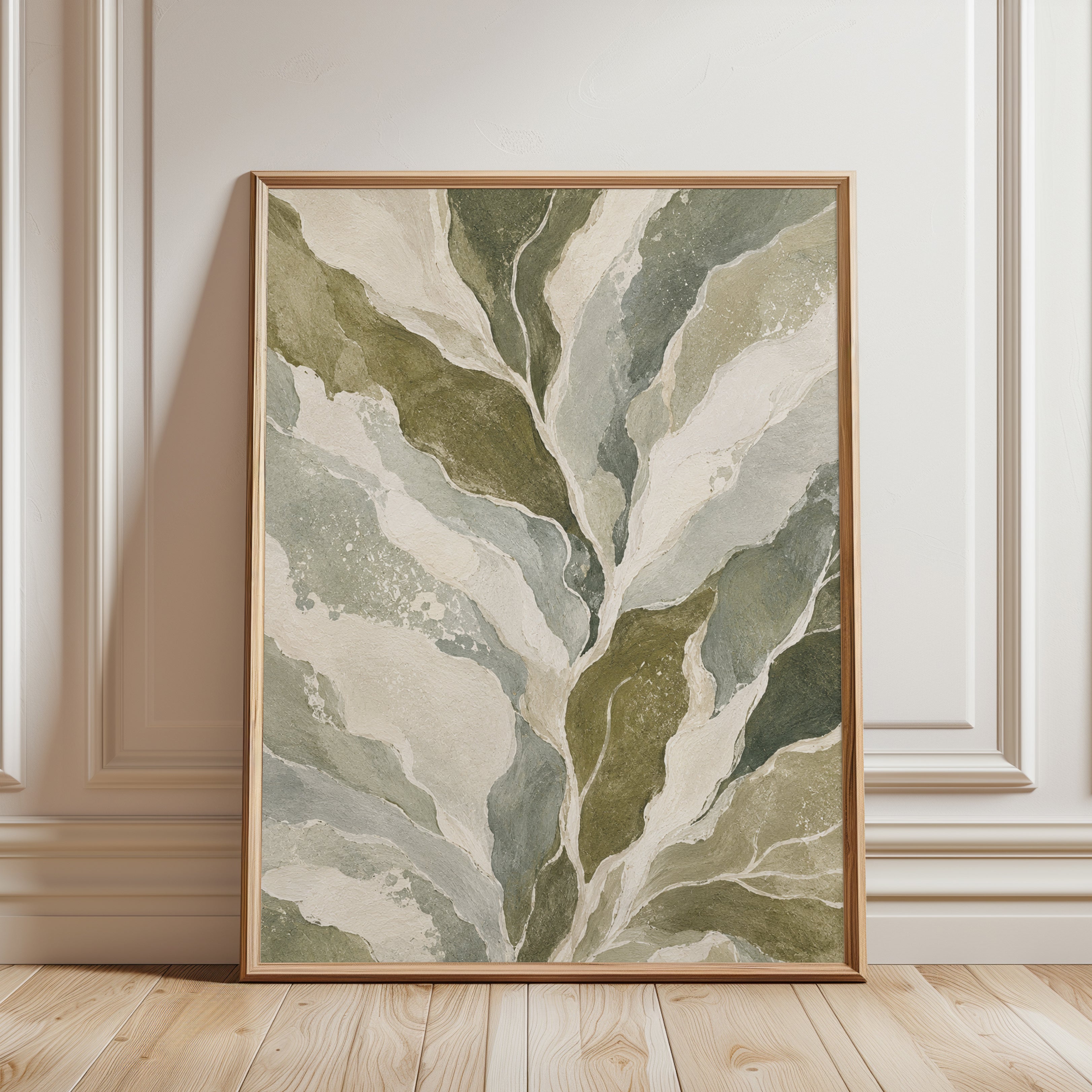 Abstract Marble Flow Wall Art: Olive Green and Cream Organic Forms - framed detail