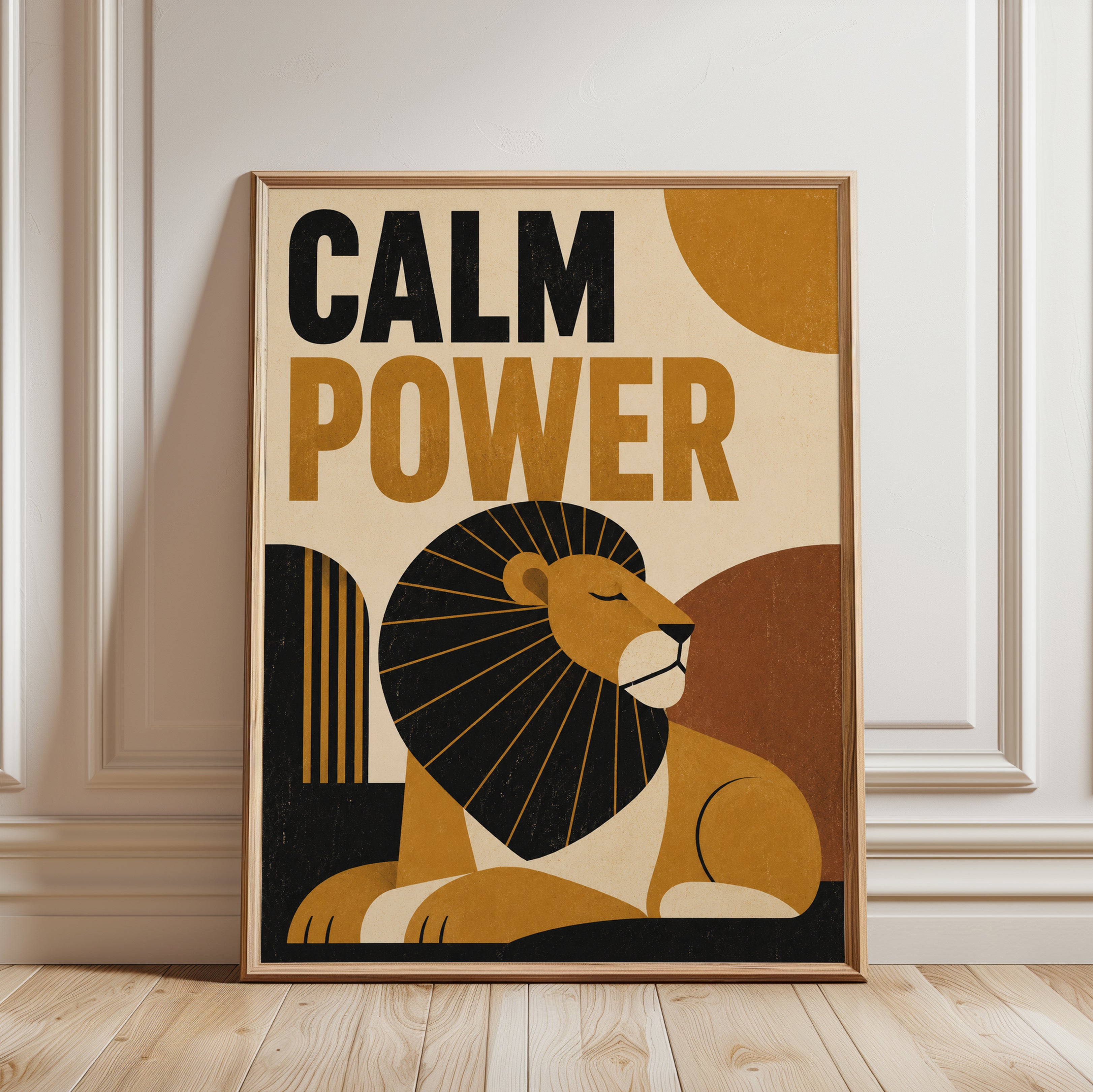Calm Power Lion Print: Art Deco Geometric Mustard and Black - framed detail