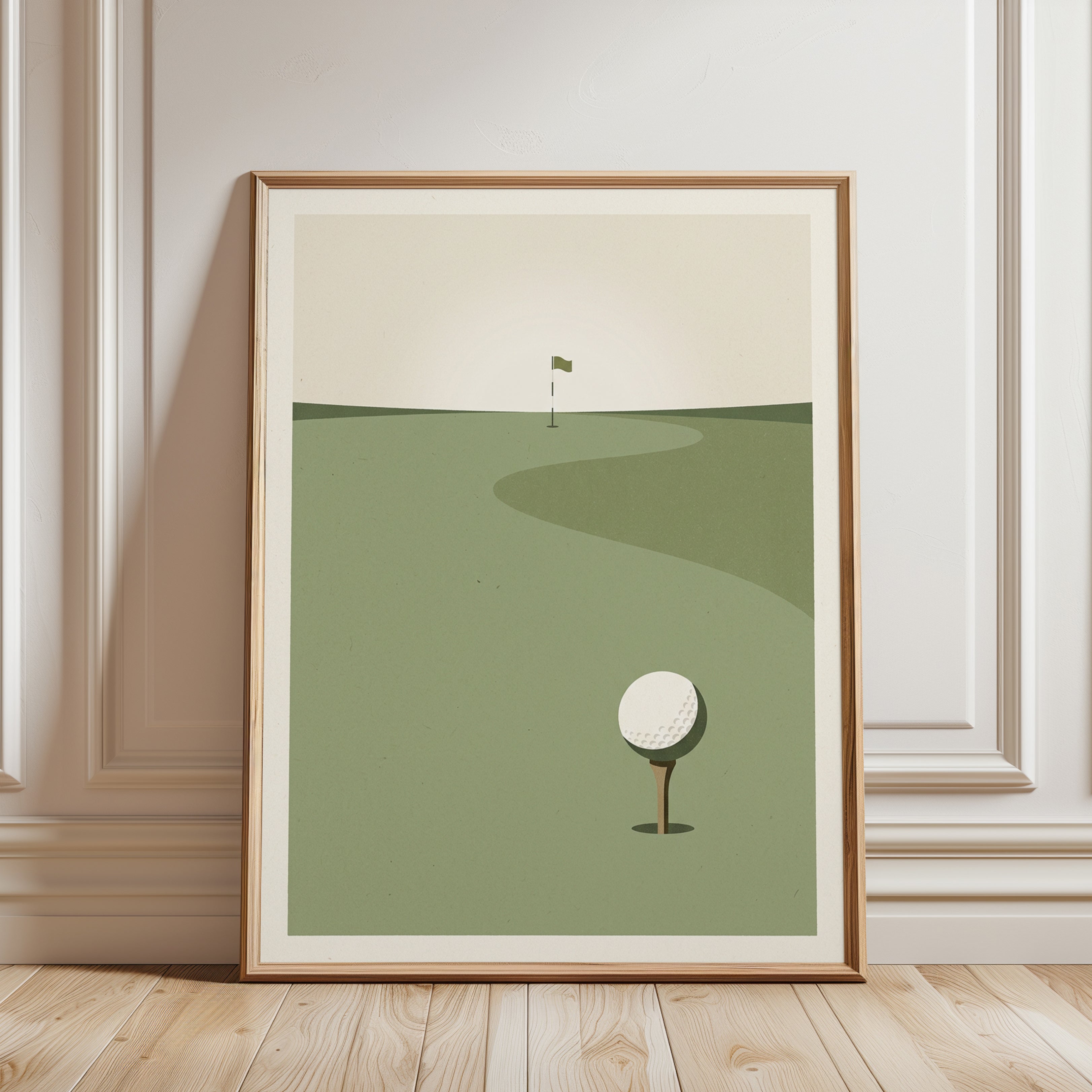 Minimalist Golf Course Art Print: Green Fairway Design - framed detail
