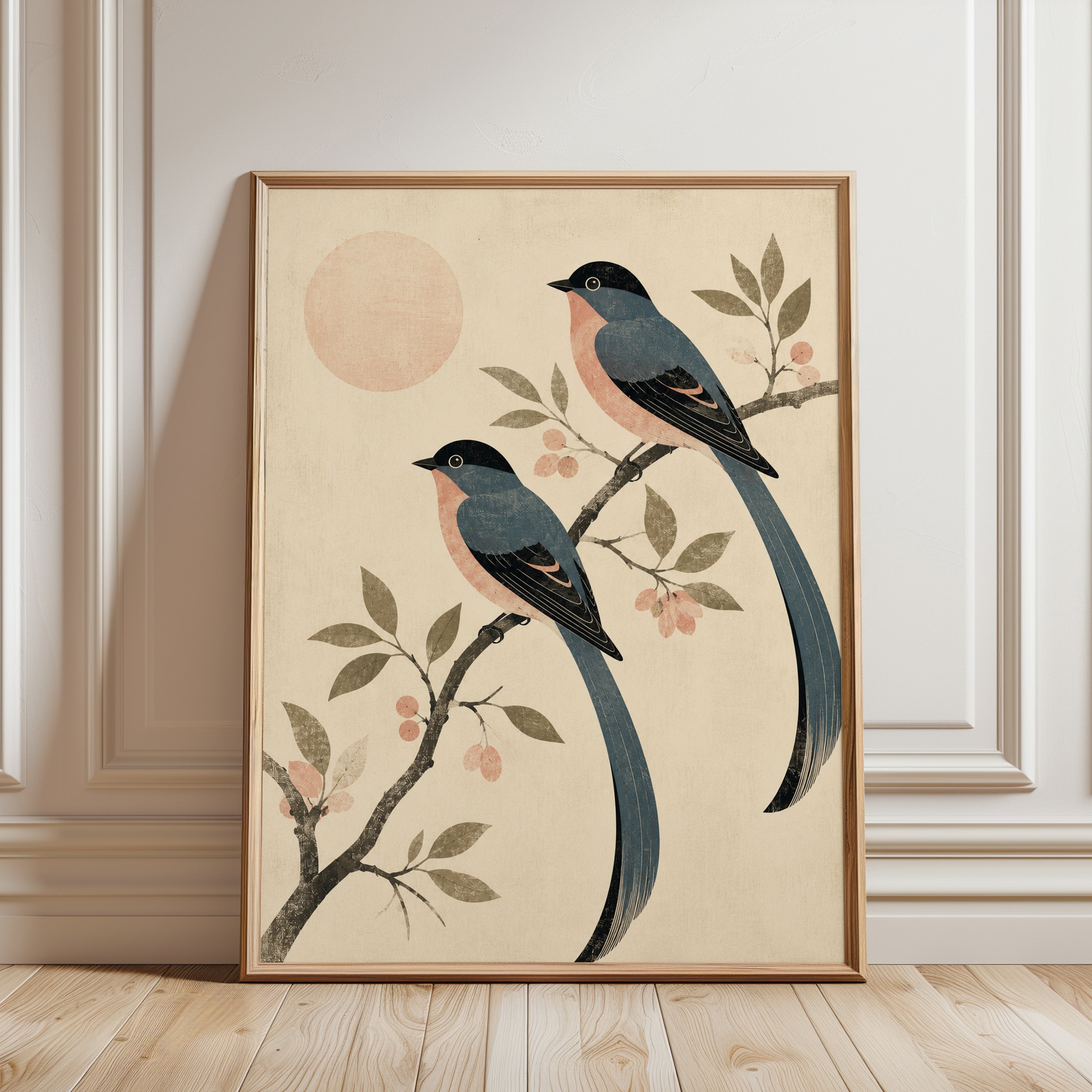 Japanese Style Birds on Branch: Vintage Botanical Wall Art - framed detail