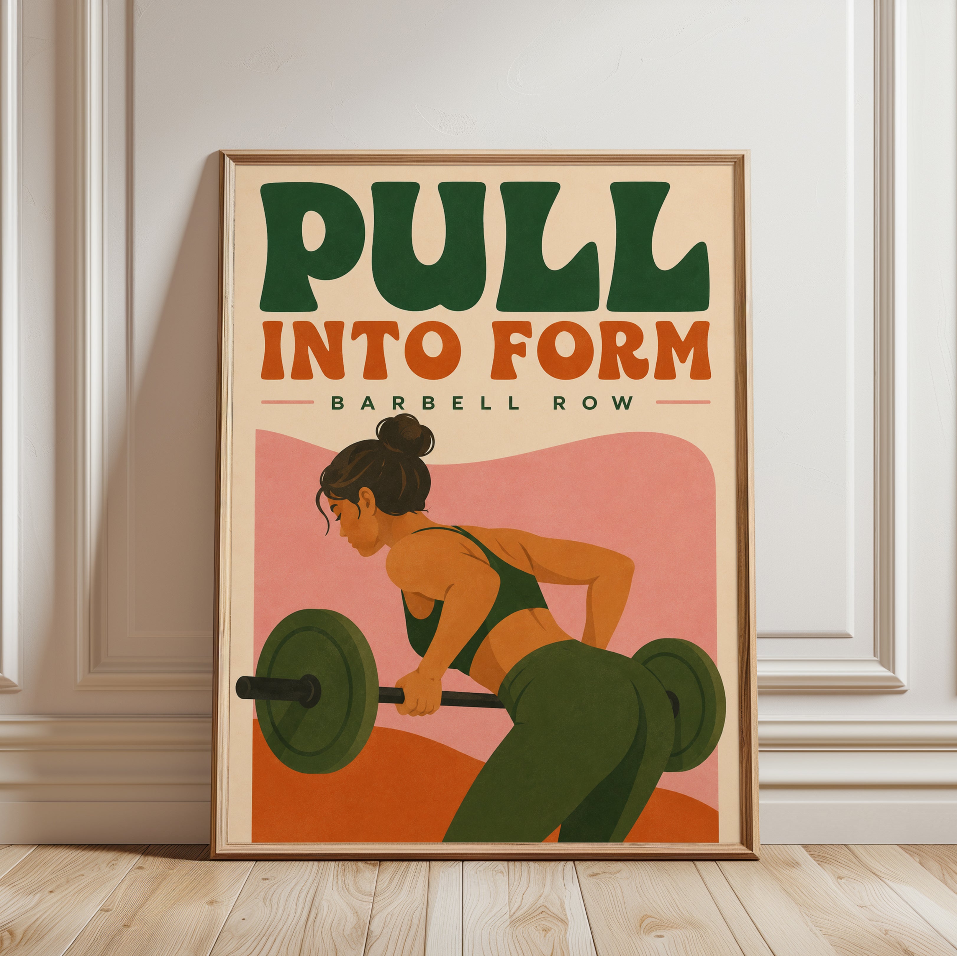 Barbell Row Poster: Retro Fitness Design - framed detail