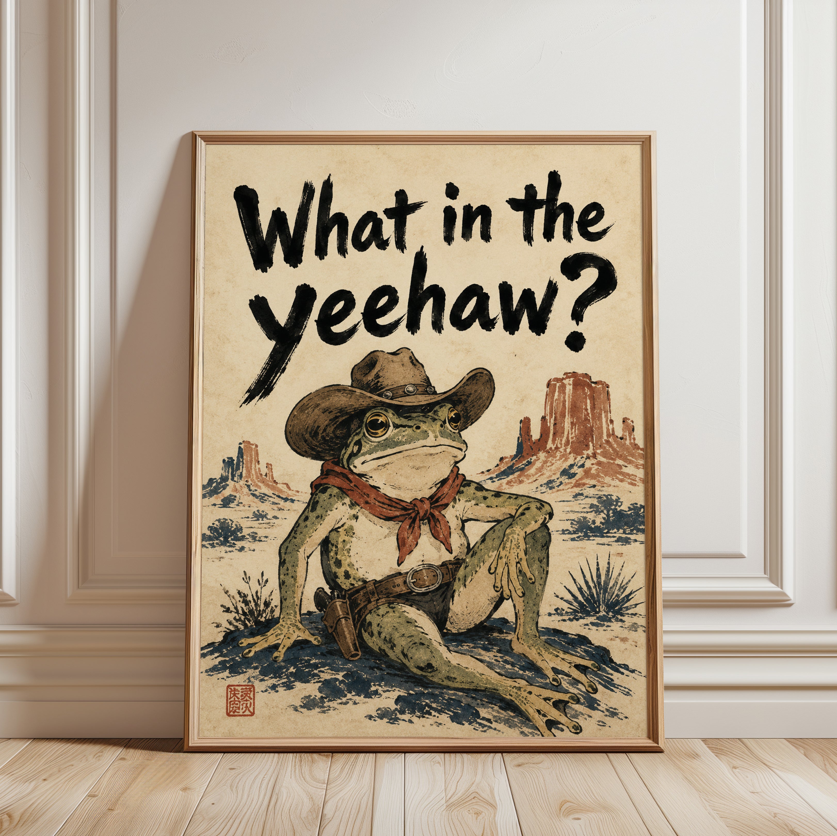 Funny Cowboy Frog Print – Western Humor Wall Art - framed detail