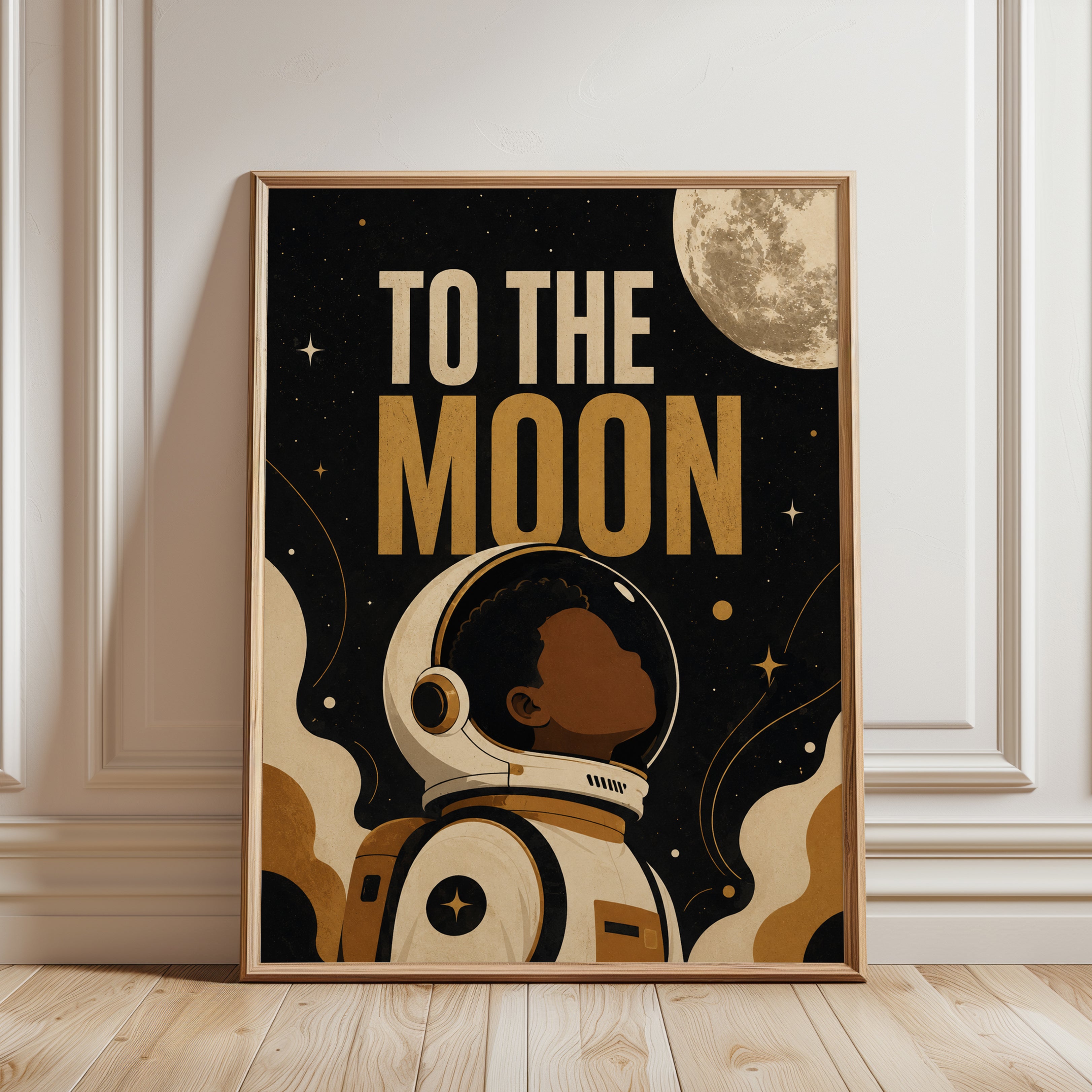 Space Nursery Wall Art – Astronaut Moon Print - framed detail