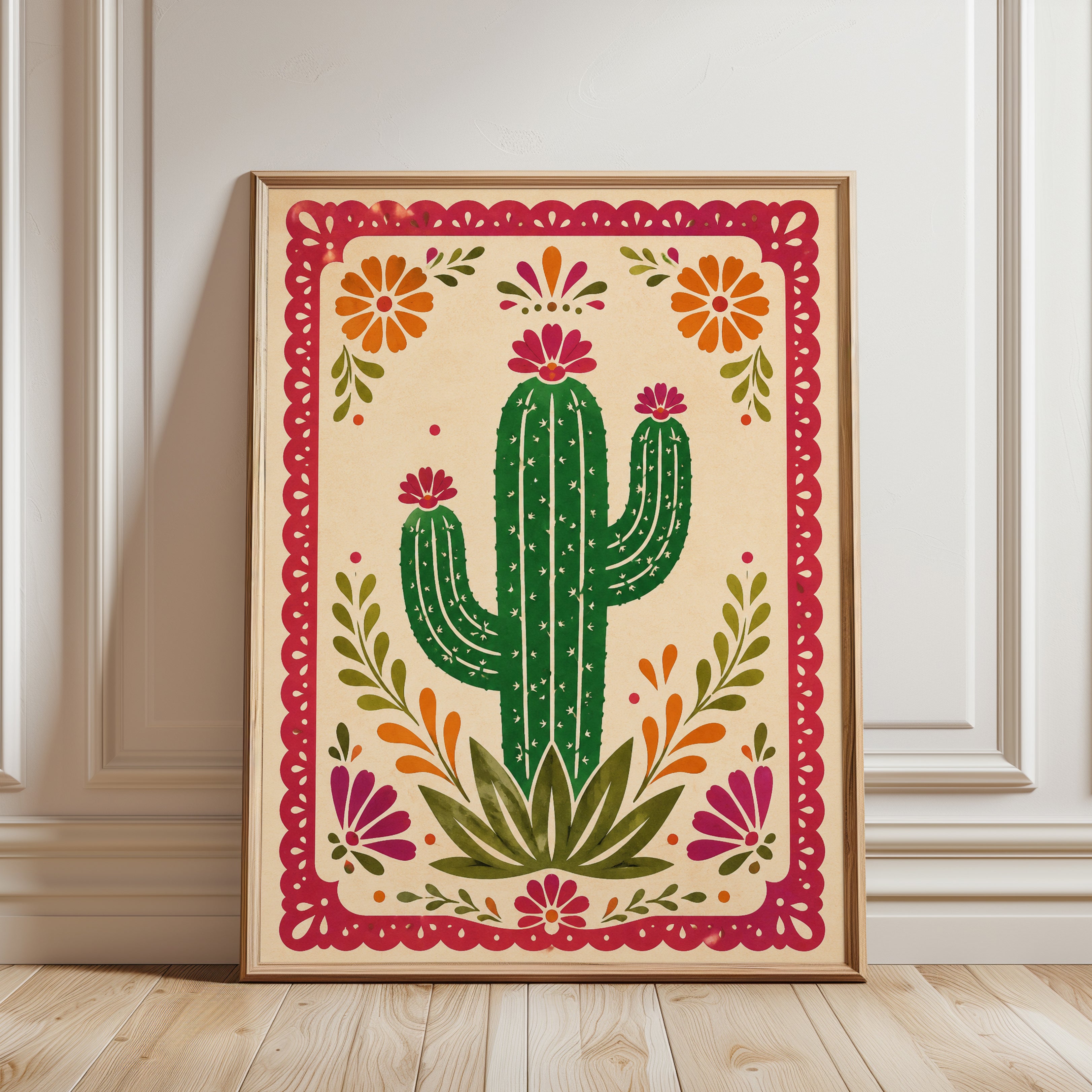 Mexican Folk Art Cactus Print - framed detail