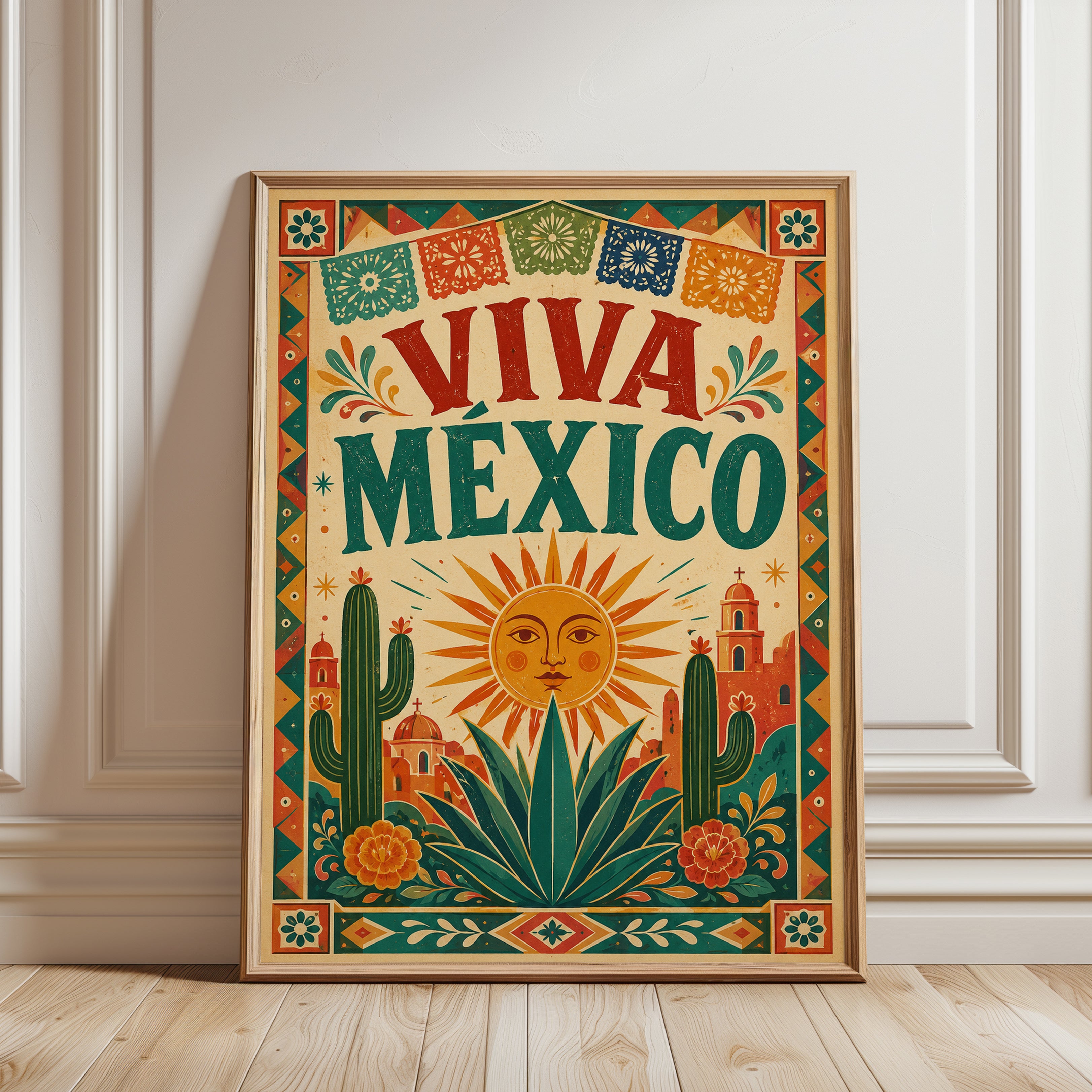 Viva Mexico Print: Festive Papel Picado Design (Boho Wall Art) - framed detail