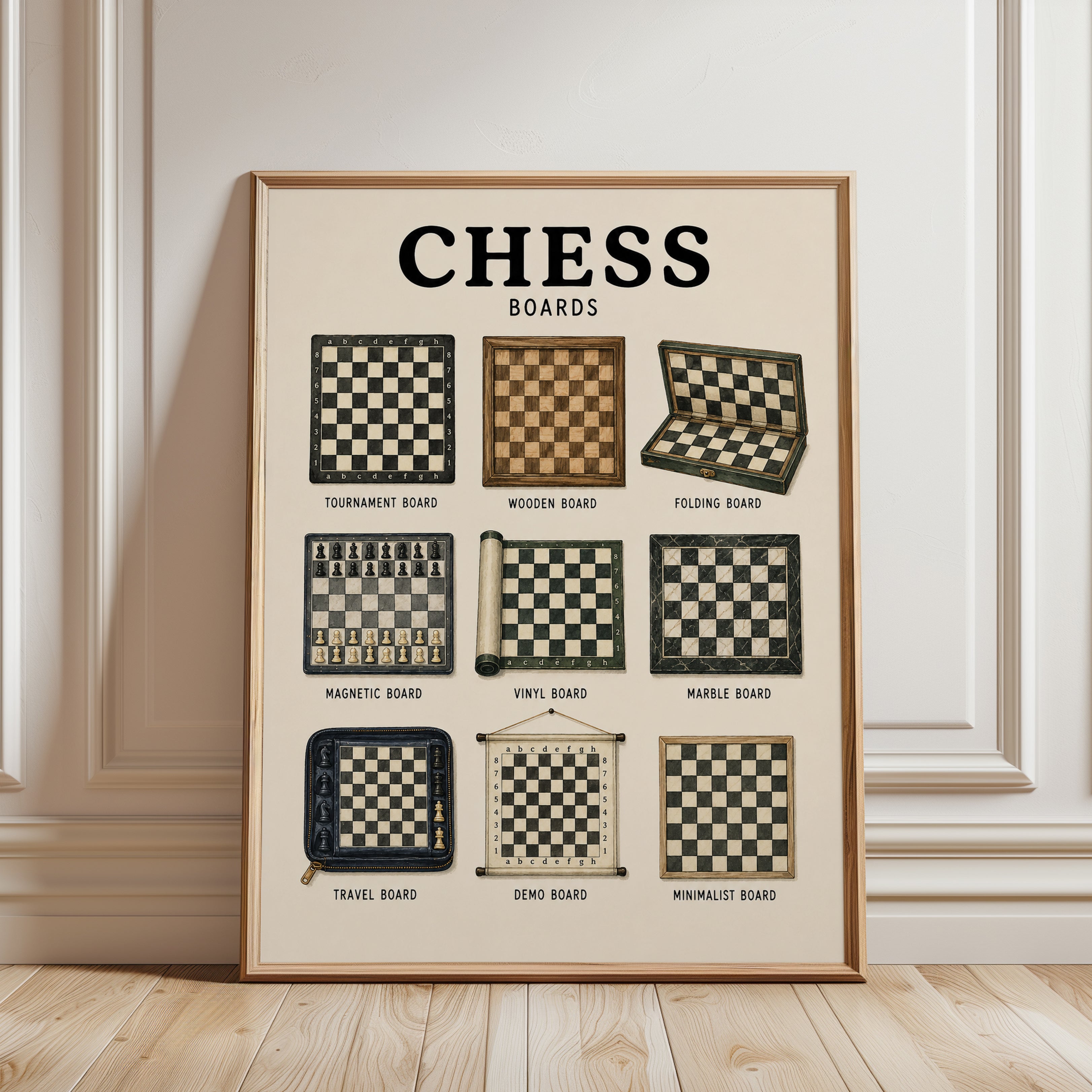 Chess Board Types Print — Educational Reference Chart - framed detail