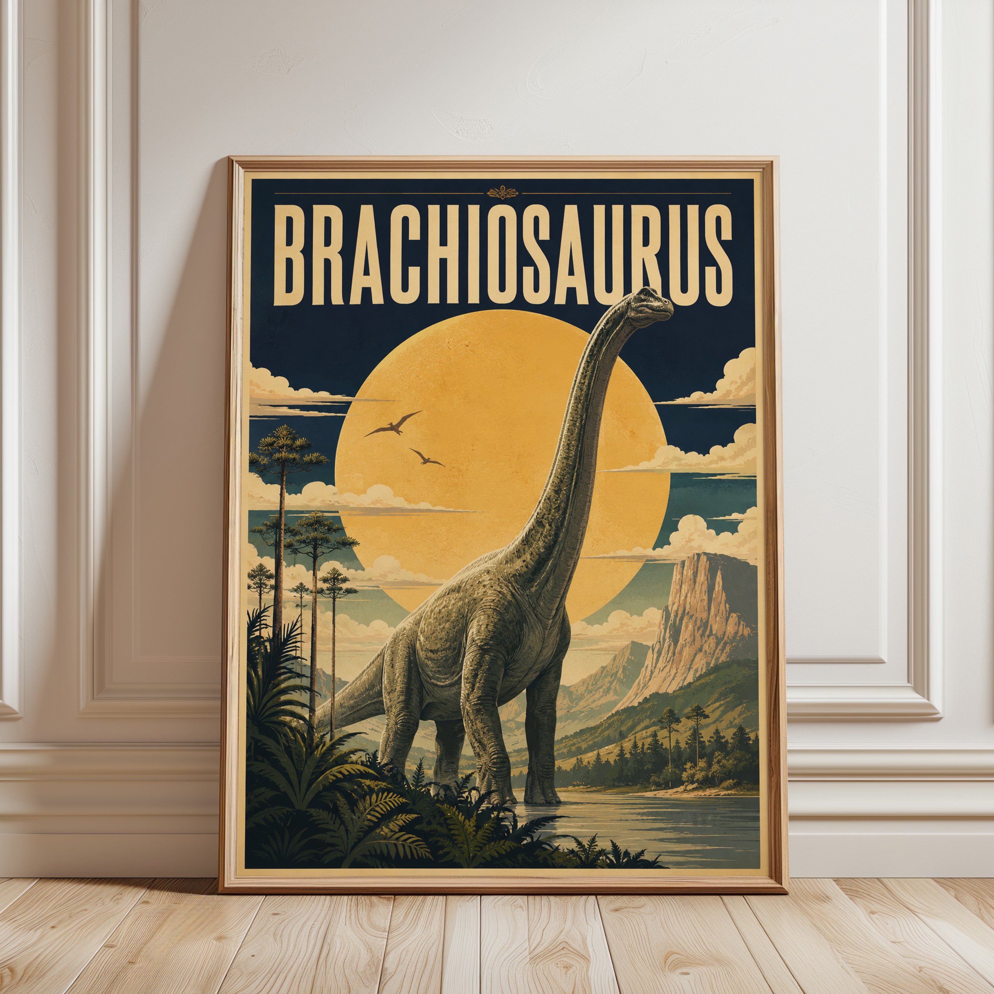 Dinosaur Wall Art: Brachiosaurus Retro Poster - framed detail