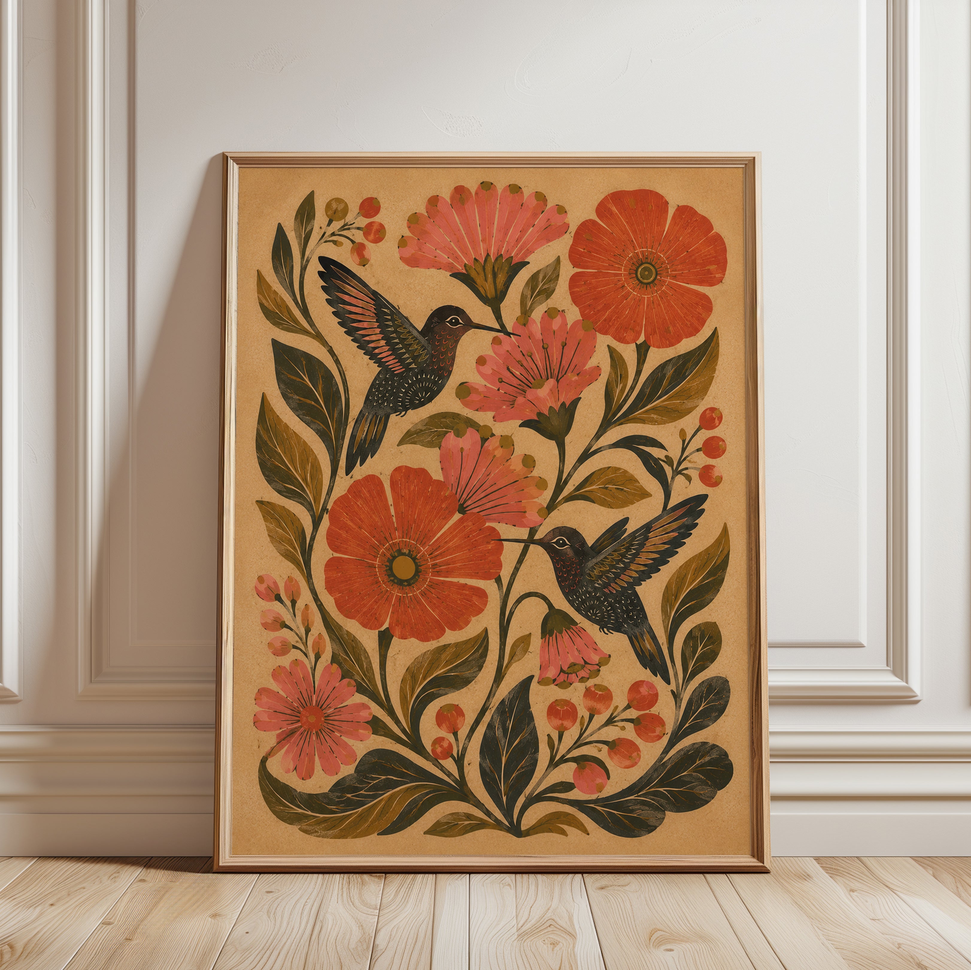 Folk Art Hummingbird Print — Hand-Painted Floral Bird Illustration - framed detail