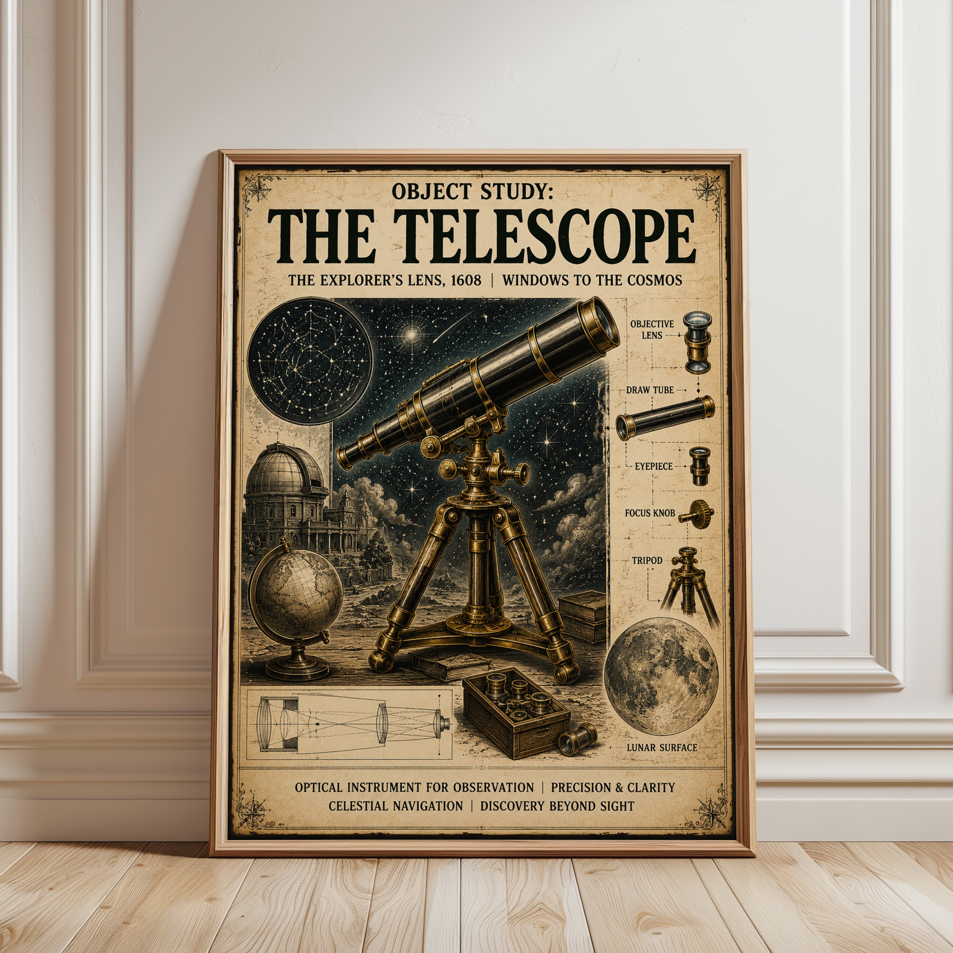 Vintage Telescope Diagram Poster: Scientific Illustration Art - framed detail